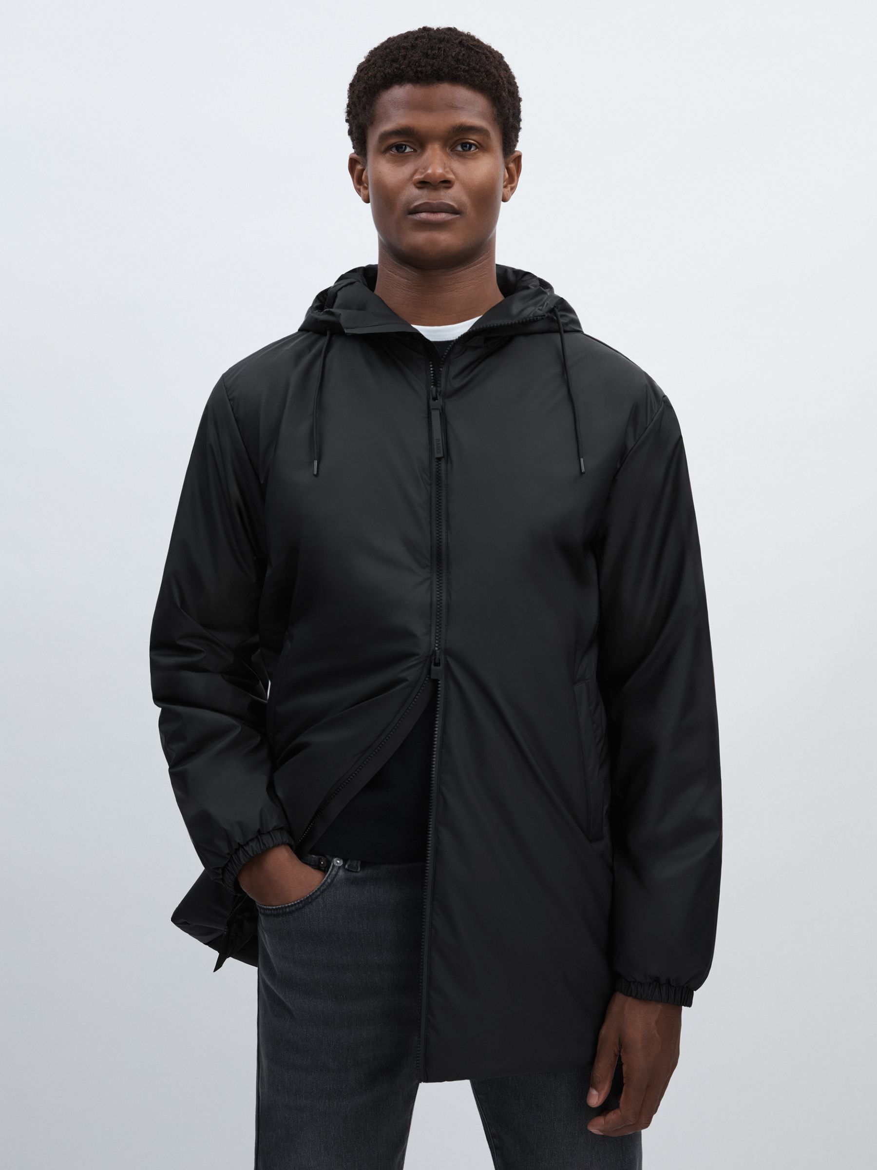 Rains Long Hooded Insulated Jacket in Black