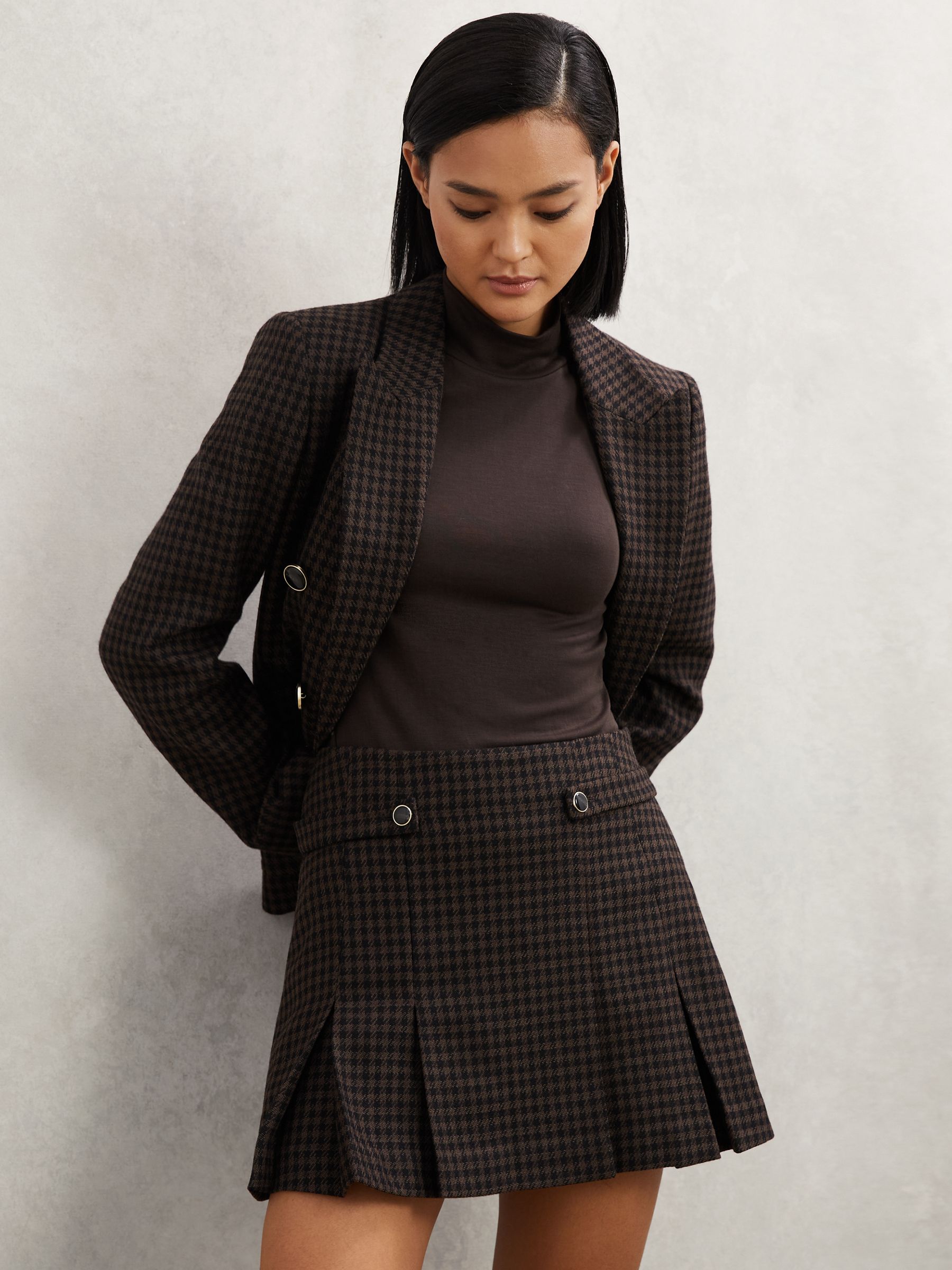 Wool-Blend Check Mini Skirt in Black/Brown