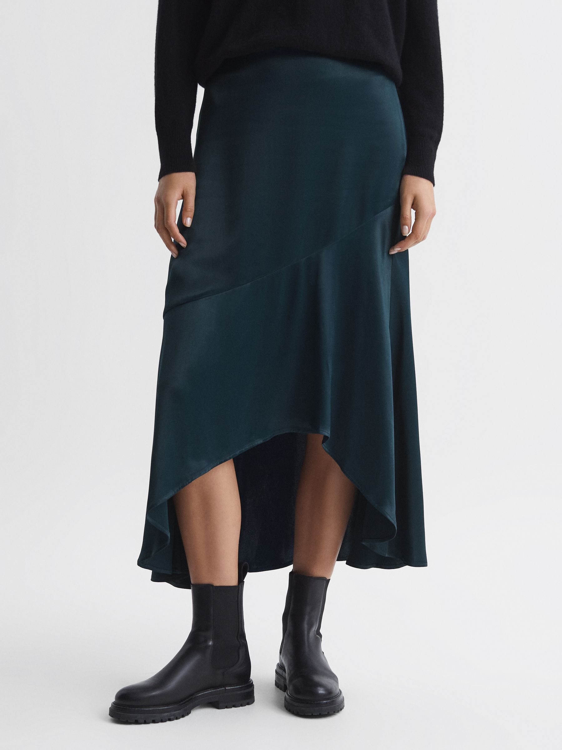 Satin High Rise Midi Skirt in Teal