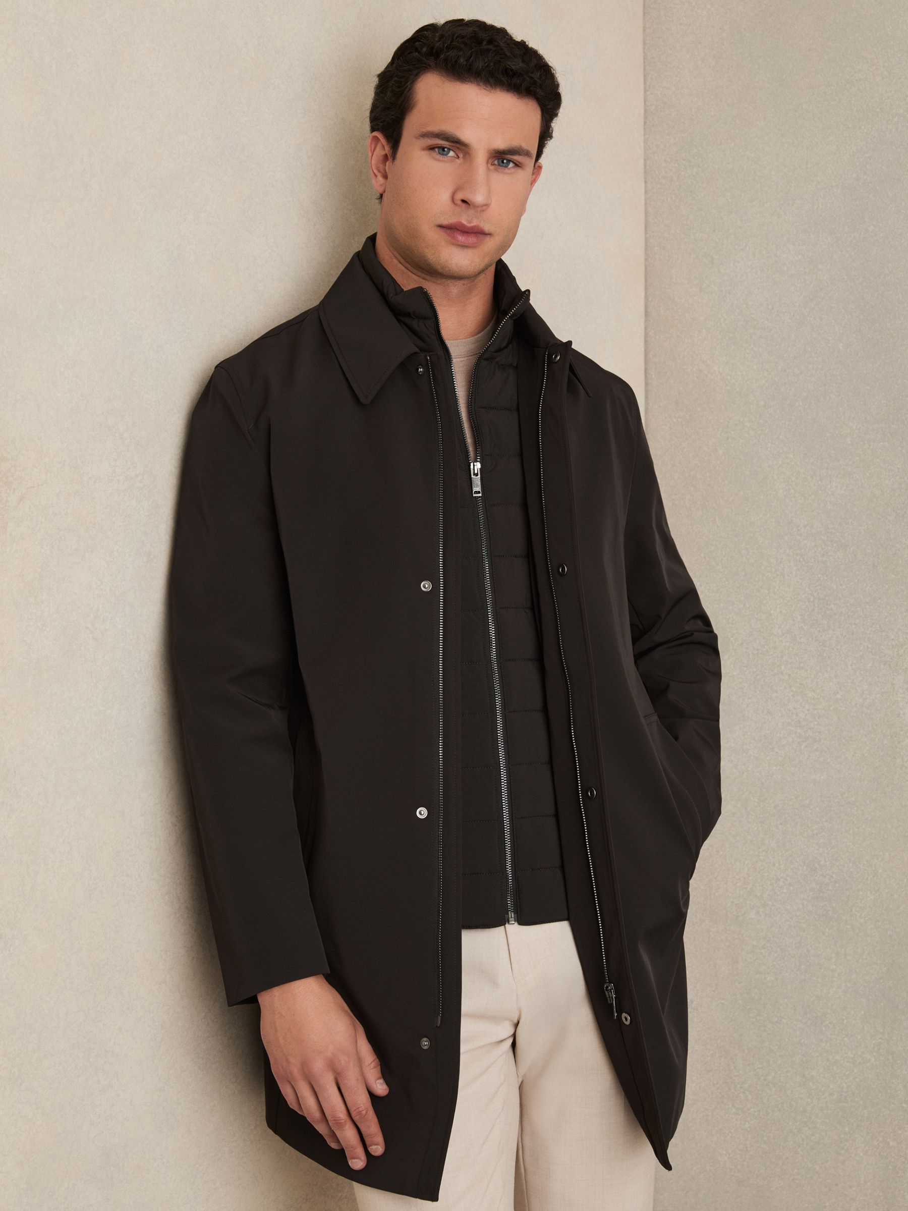 Hybrid Removable Funnel Neck Overcoat in Brown