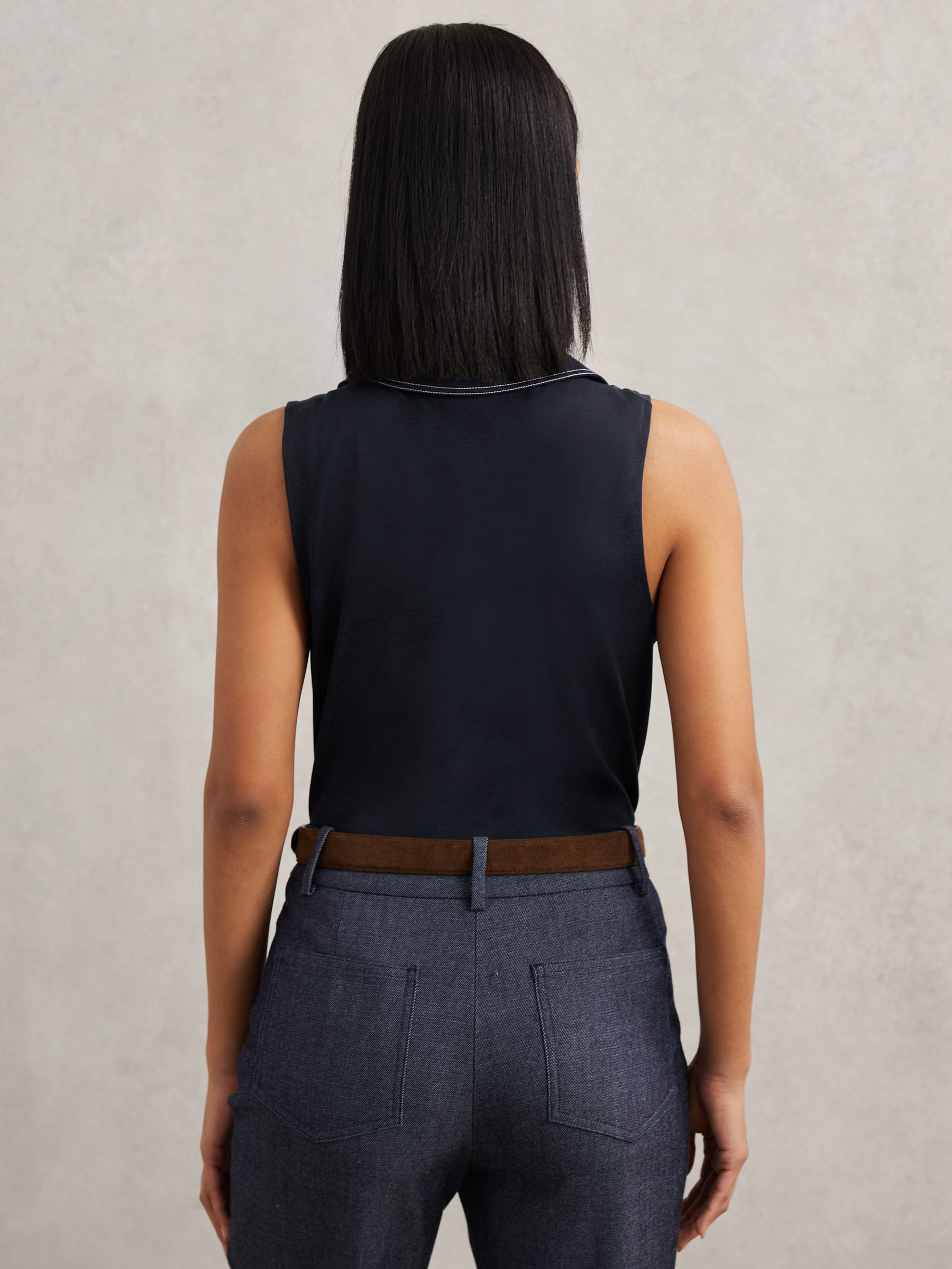 Cotton-Blend Collared Sleeveless Top in Navy/Ivory