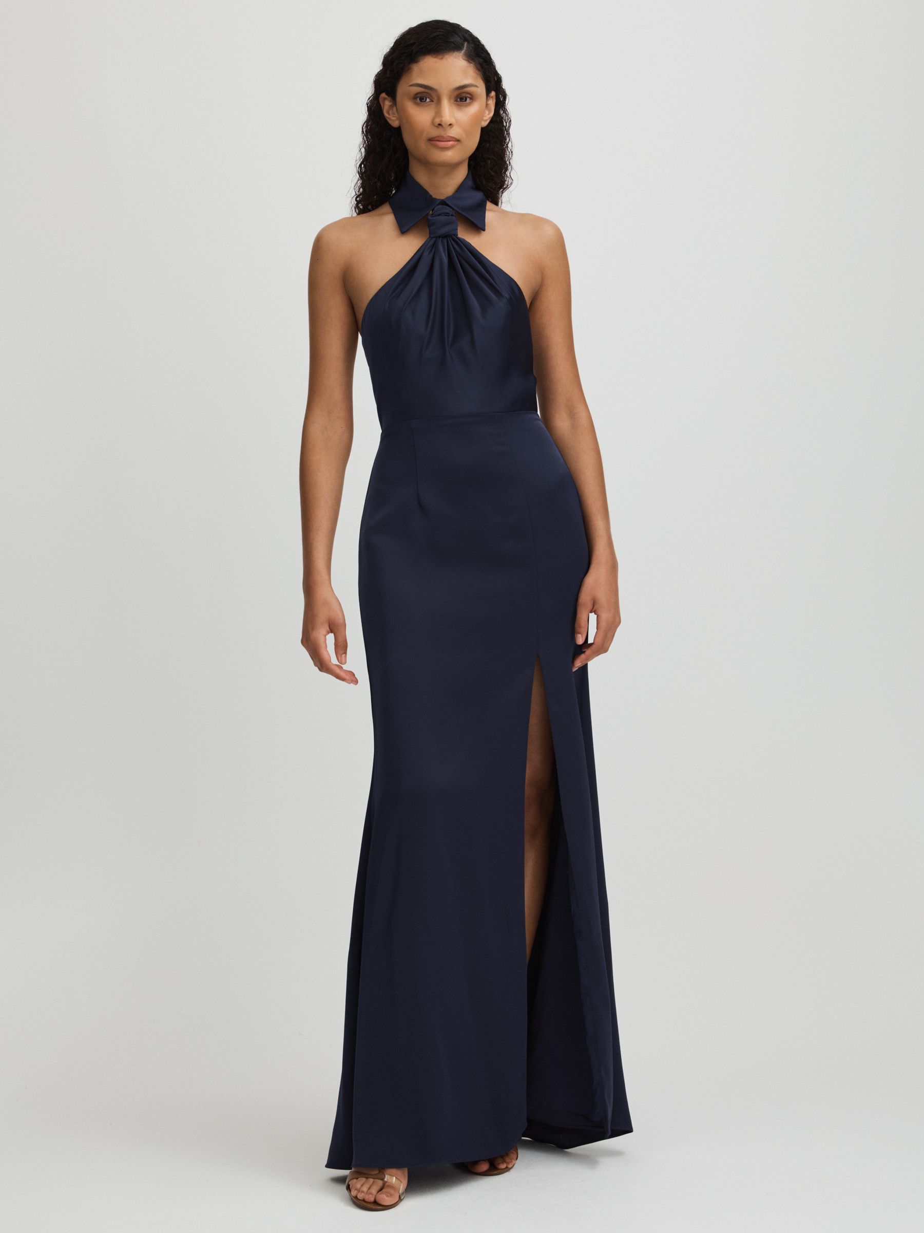 Gemi Navy Halston Satin Halter Neck Maxi Dress