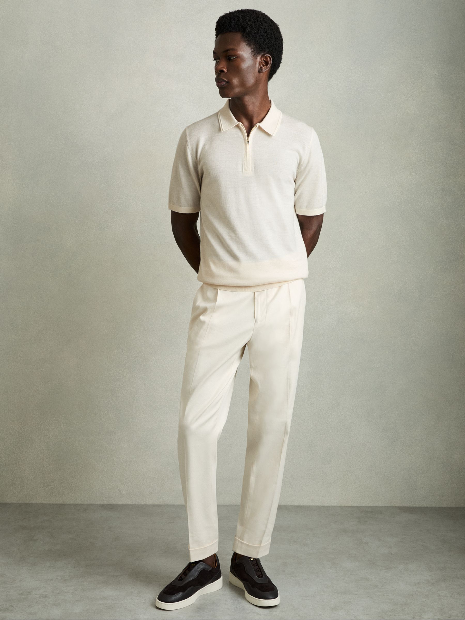 Merino Wool Half-Zip Polo Shirt in Snow White