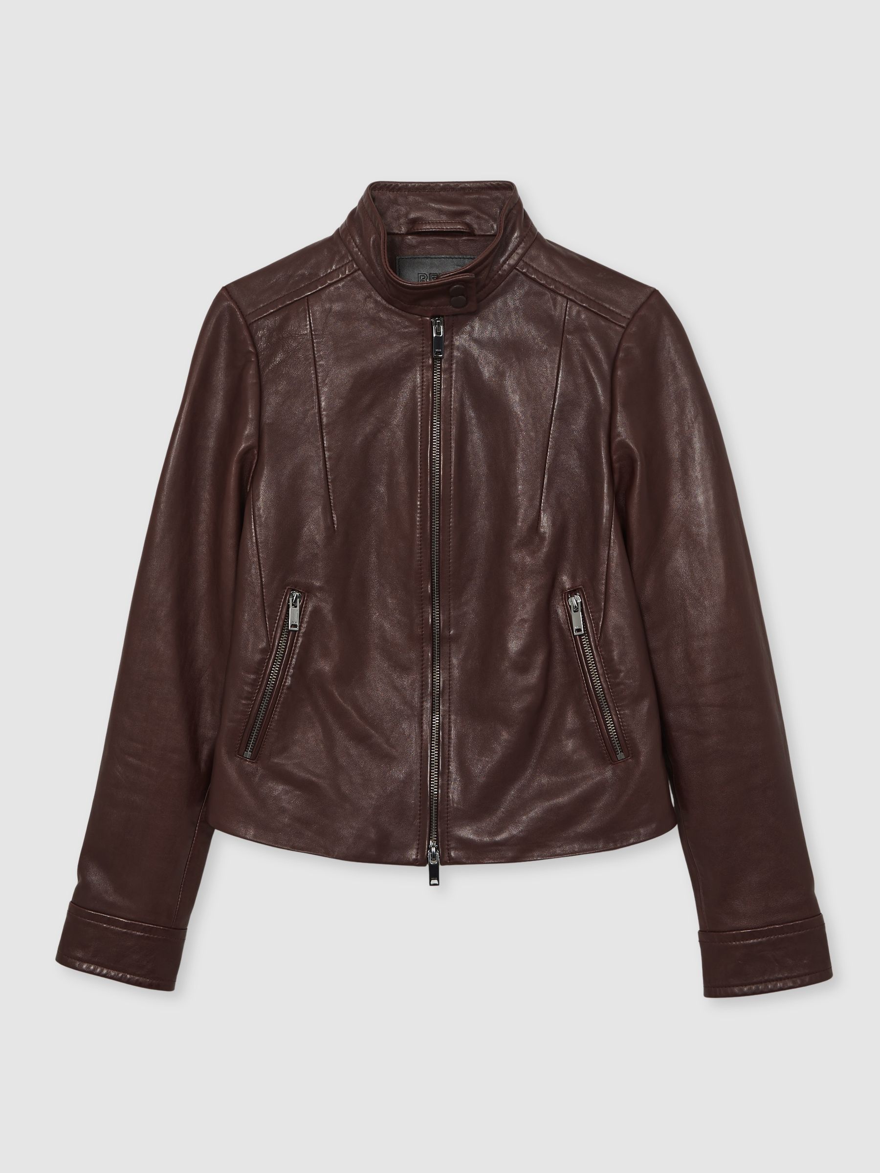 Fitted Leather Biker Jacket in Burgundy
