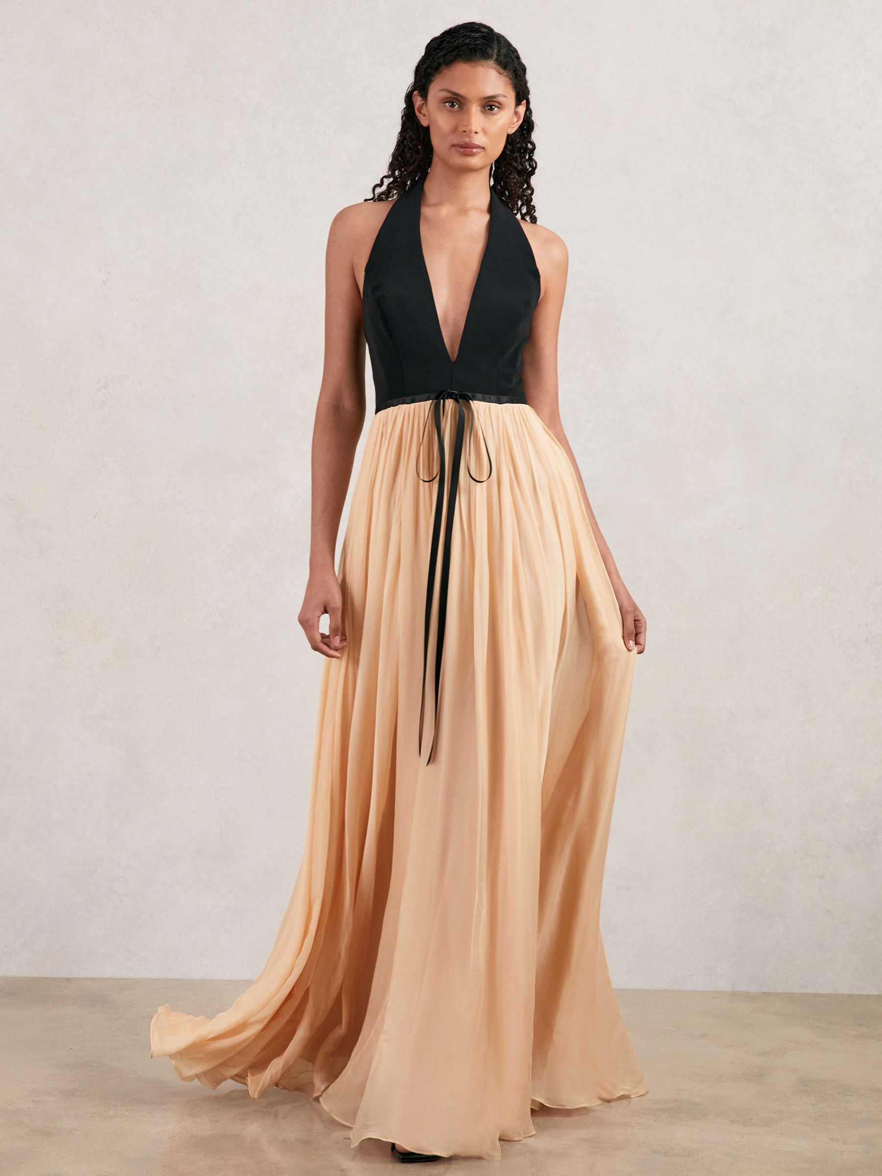 Halston Crepe and Chiffon Maxi Dress in Black/Ivory