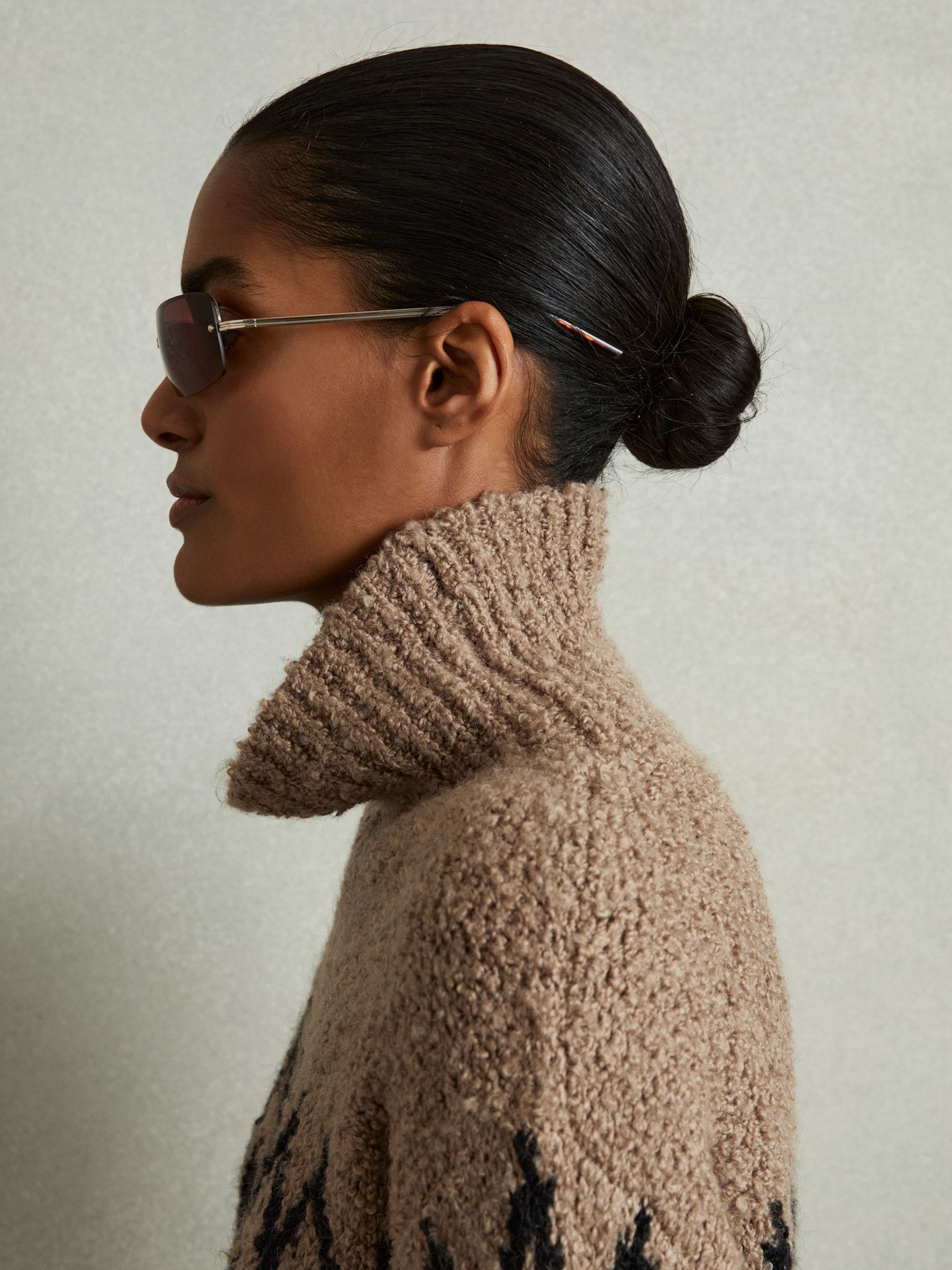 Chunky Fairisle Pattern Knit Funnel Neck Jumper in Brown