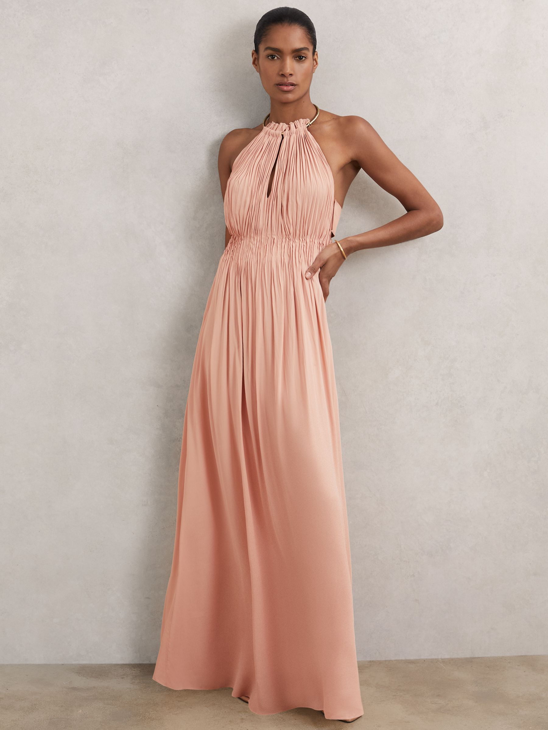 Ring-Detail Halterneck Maxi Dress in Pink