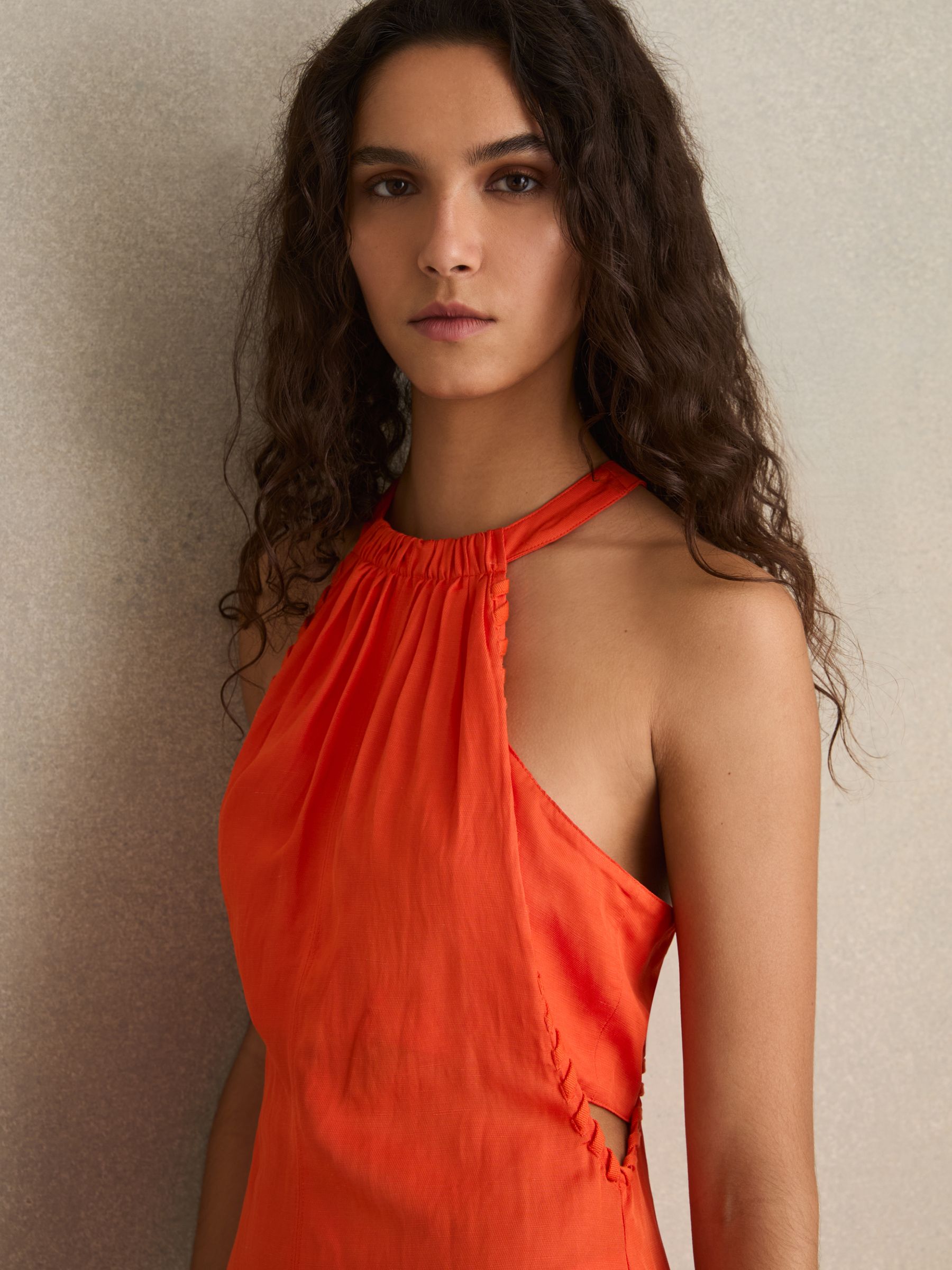 Whipstitch Halterneck Midi Dress in Red