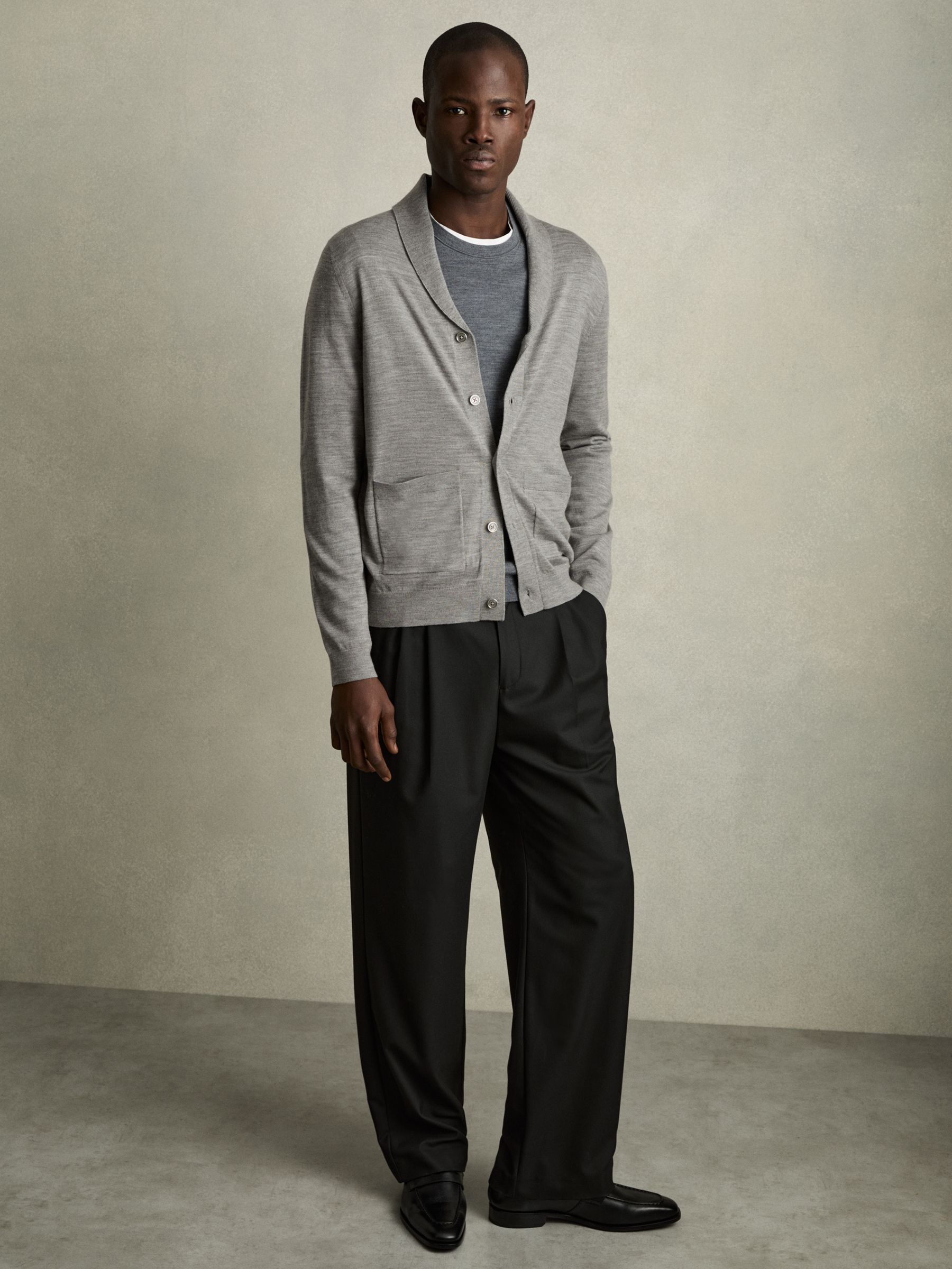 Merino Wool Shawl-Collar Cardigan in Warm Grey Melange