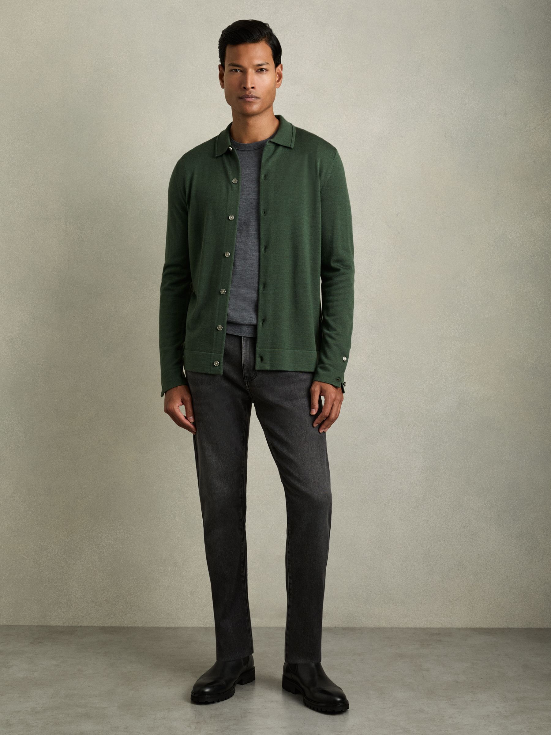 Merino Wool Button-Through Cardigan in Dark Kale Green