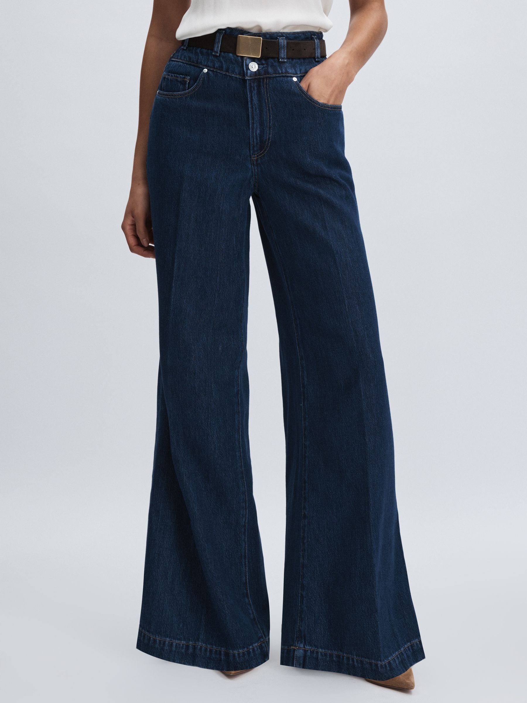 Paige Double Waistband Wide-Leg Jeans in Navy Blue