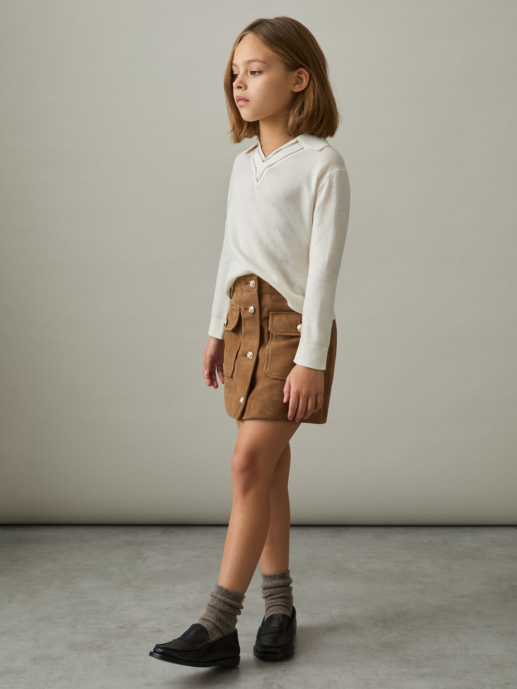 4-9 yrs Suede Flap Pocket Skirt in Tan