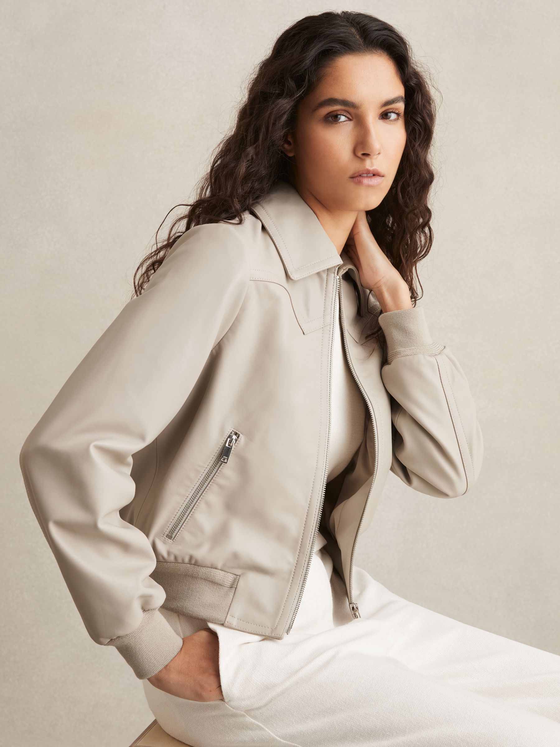 Leather Bomber Jacket in Grey