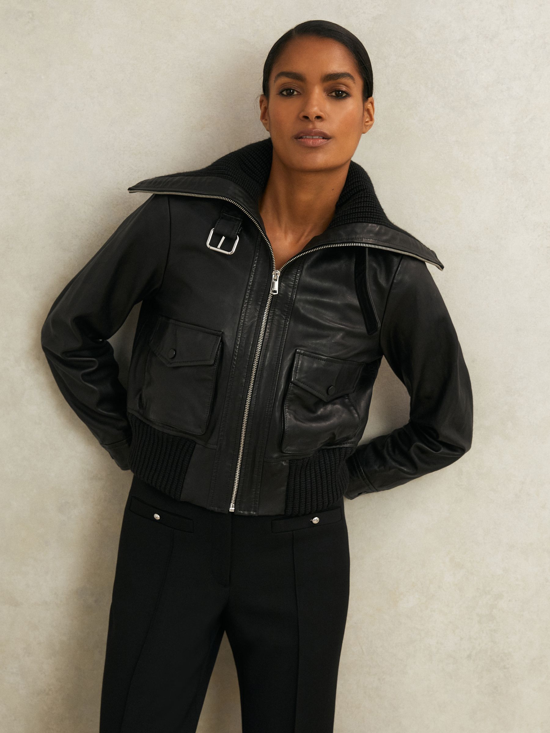 Atelier Leather Rib-Trim Jacket in Black