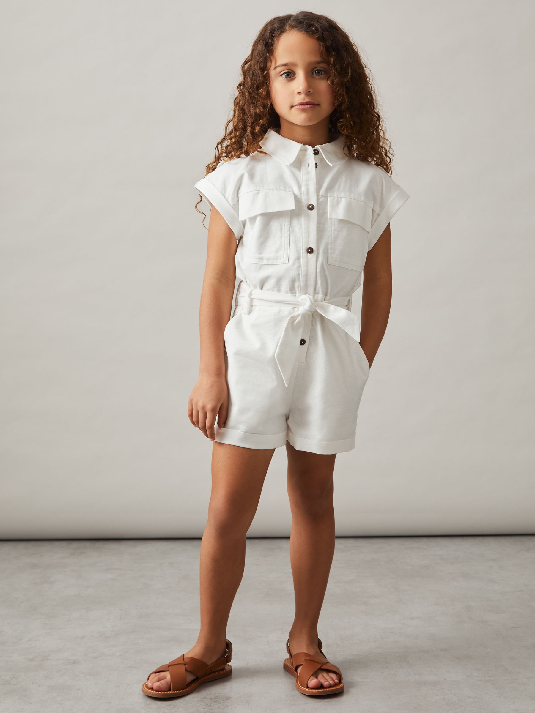 9-13 yrs Cotton-Linen Belted Playsuit in Ivory