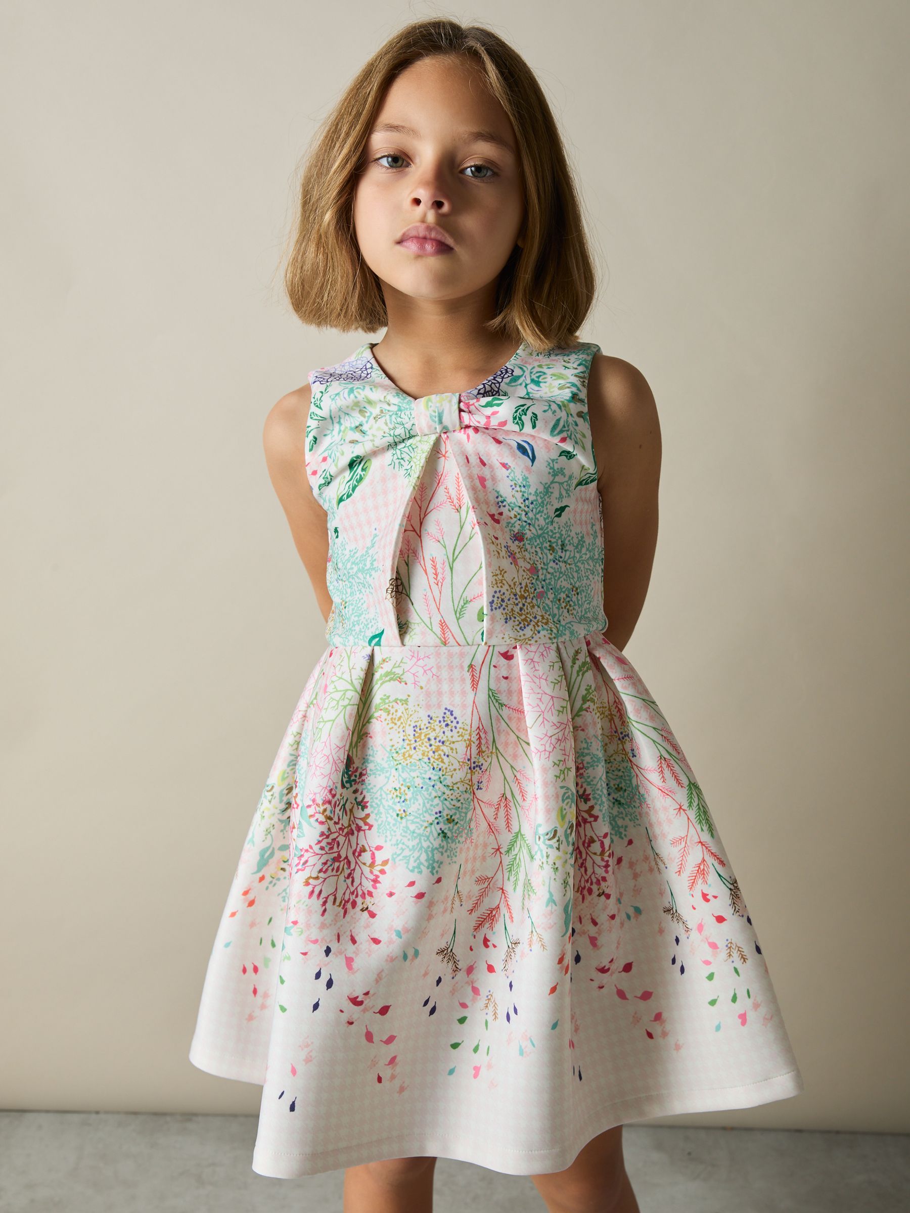 9-13 yrs Floral-Print Pleated Scuba Dress in Pink Print