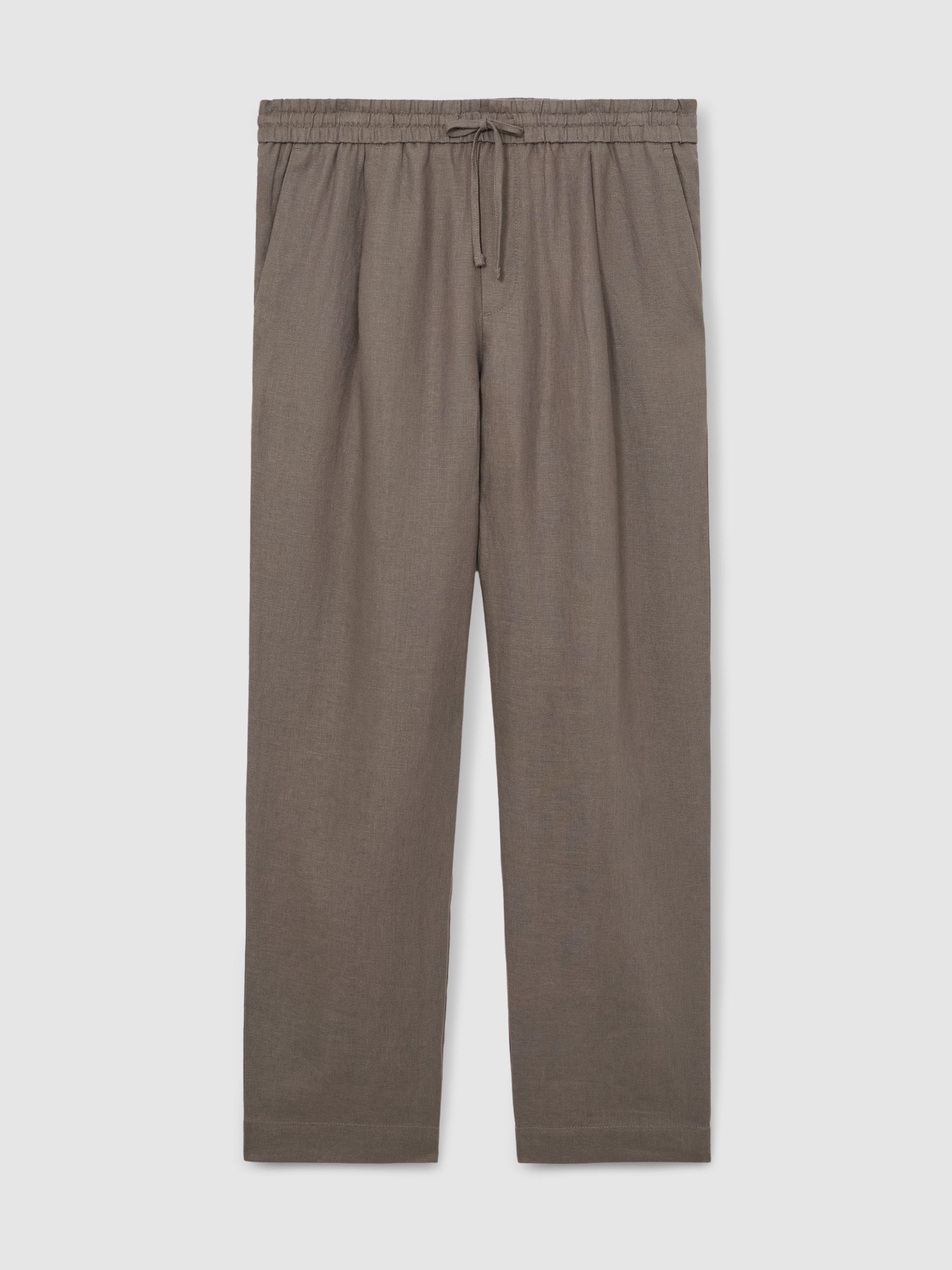 Linen Drawstring Relaxed-Fit Trousers in Mushroom Brown