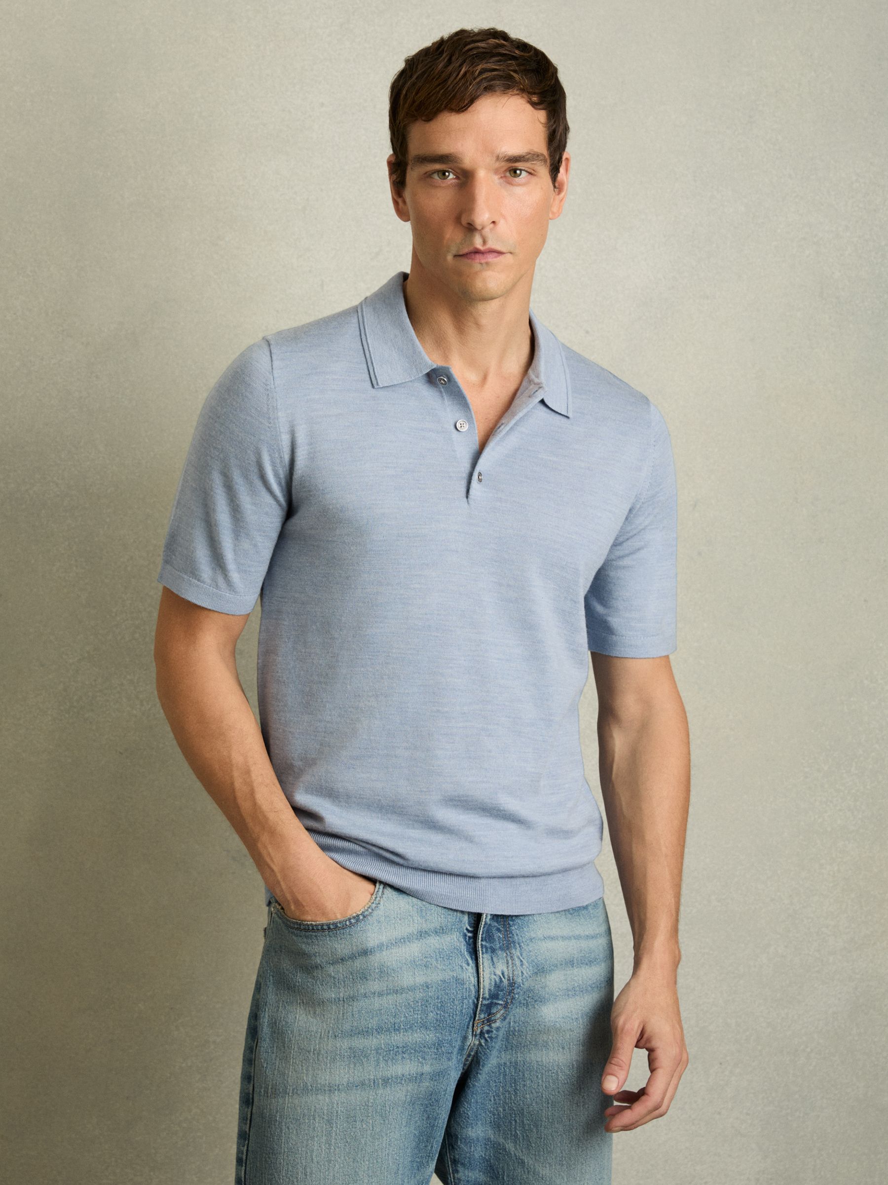 Merino Wool Short-Sleeve Polo Shirt in Soft Blue