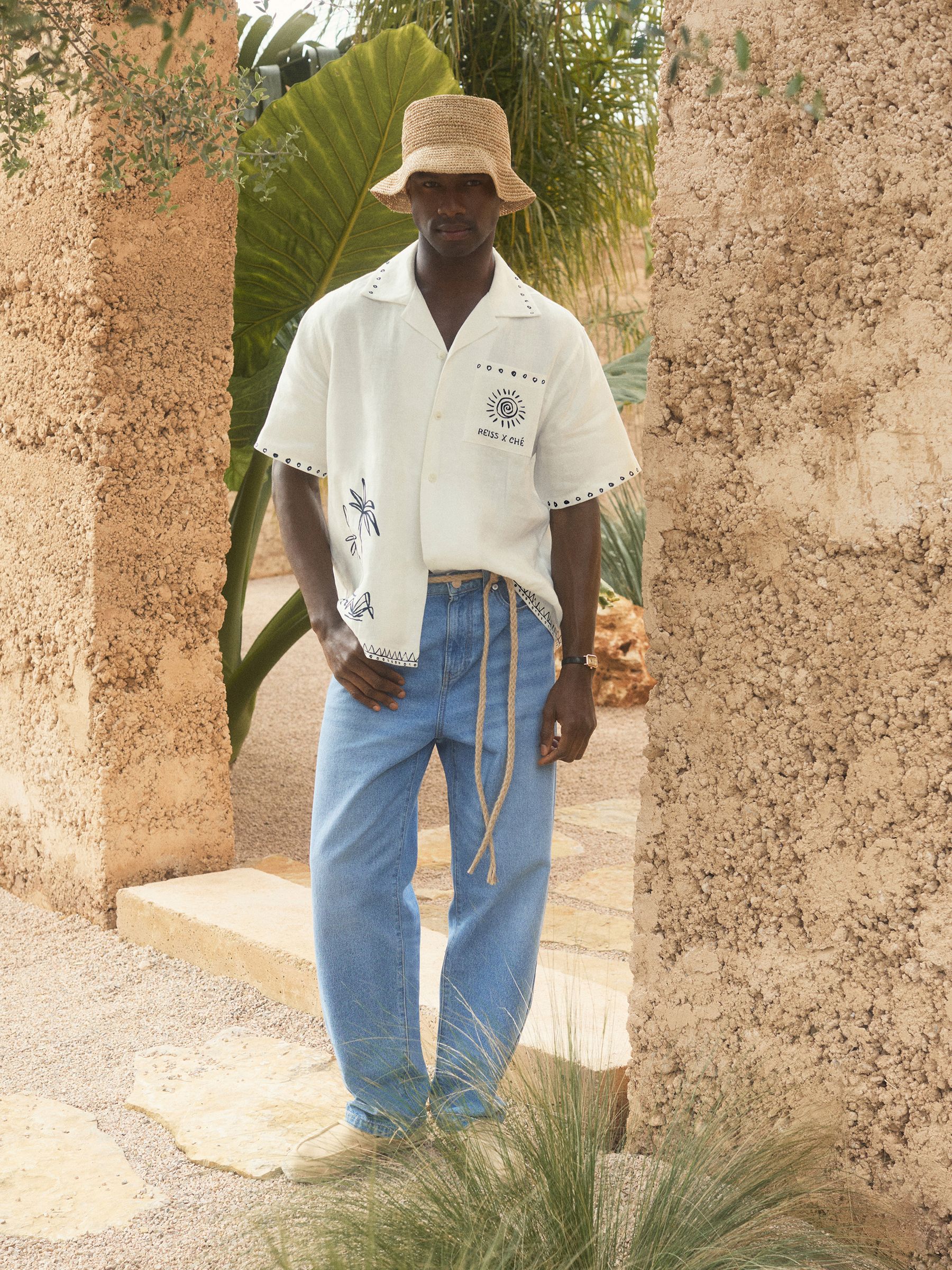 Reiss | Ché Cotton-Linen Palm Shirt in White