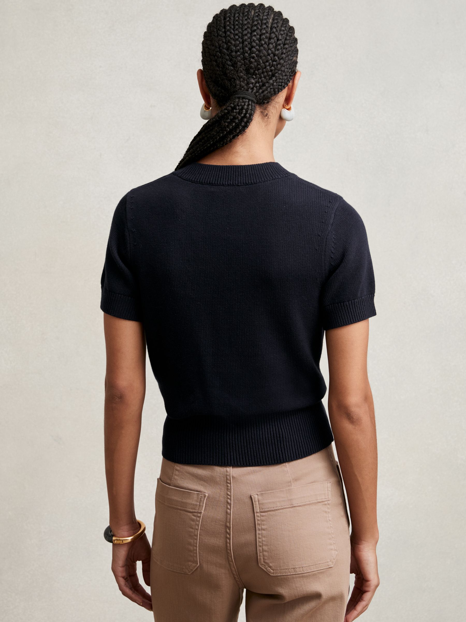 Cotton And Wool Crew-Neck Top in Navy