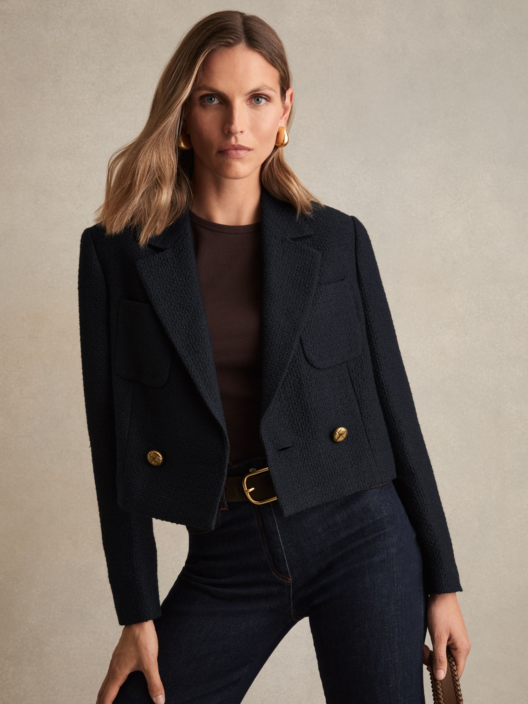 Double-Breasted Textured Cropped Blazer with Wool and Cotton in Navy