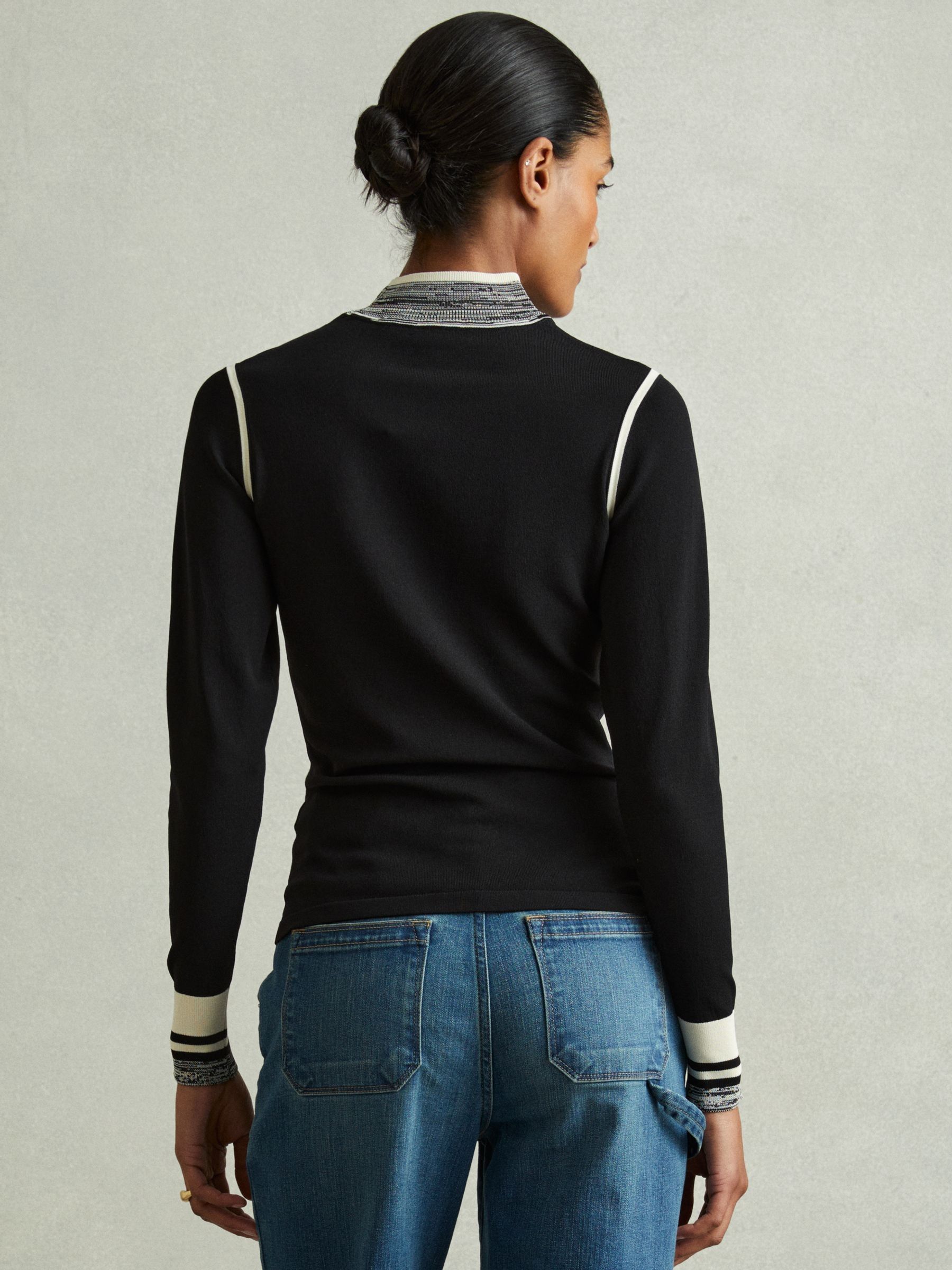 Knitted Contrast High Neck Jumper in Black/Cream