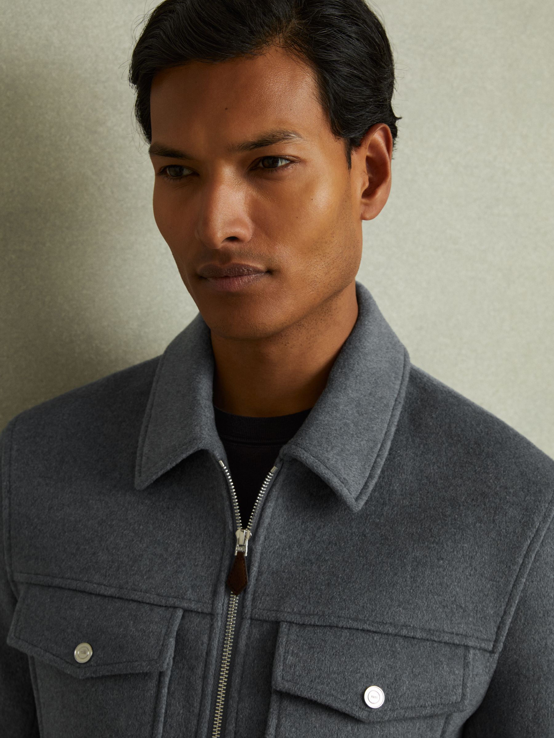 Zip-Through Trucker Jacket with Wool in Sky Blue Melange