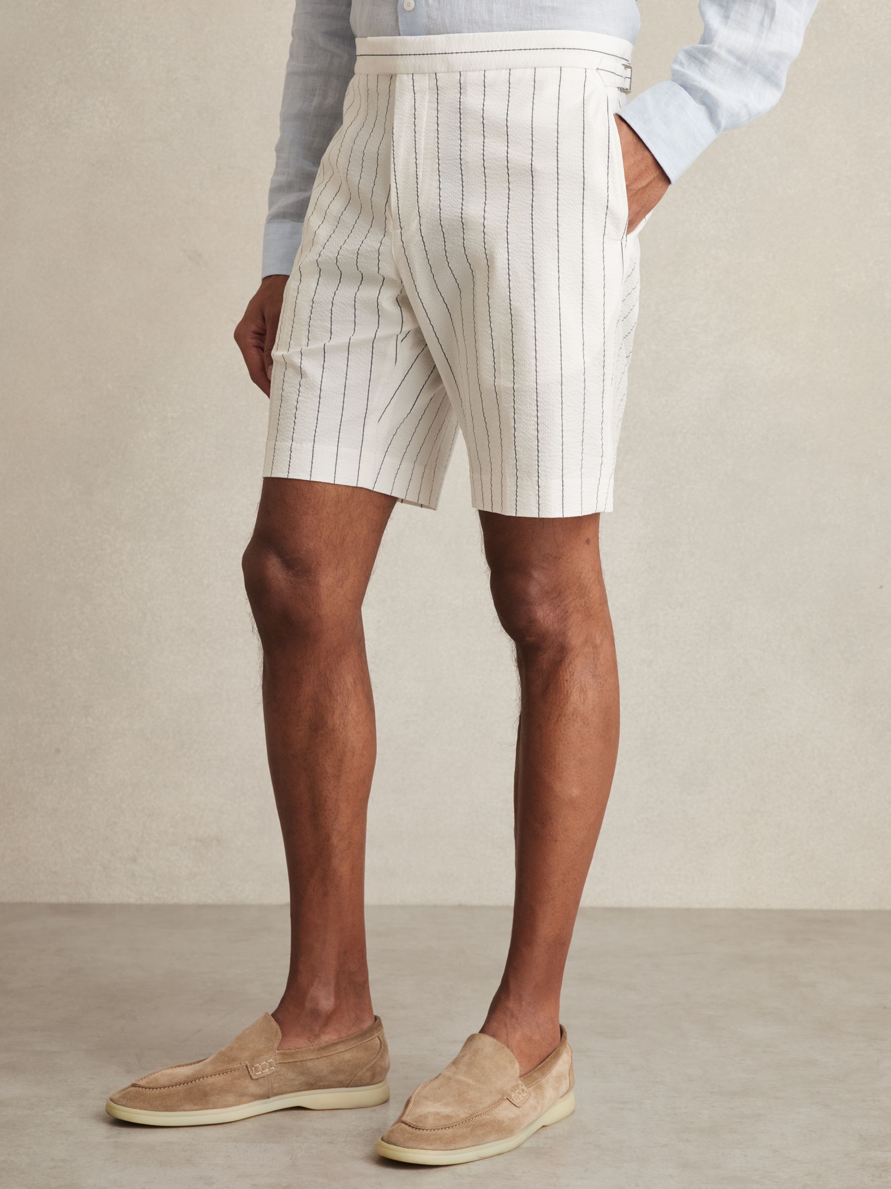 Cotton-Blend Pinstripe Shorts in White/Navy