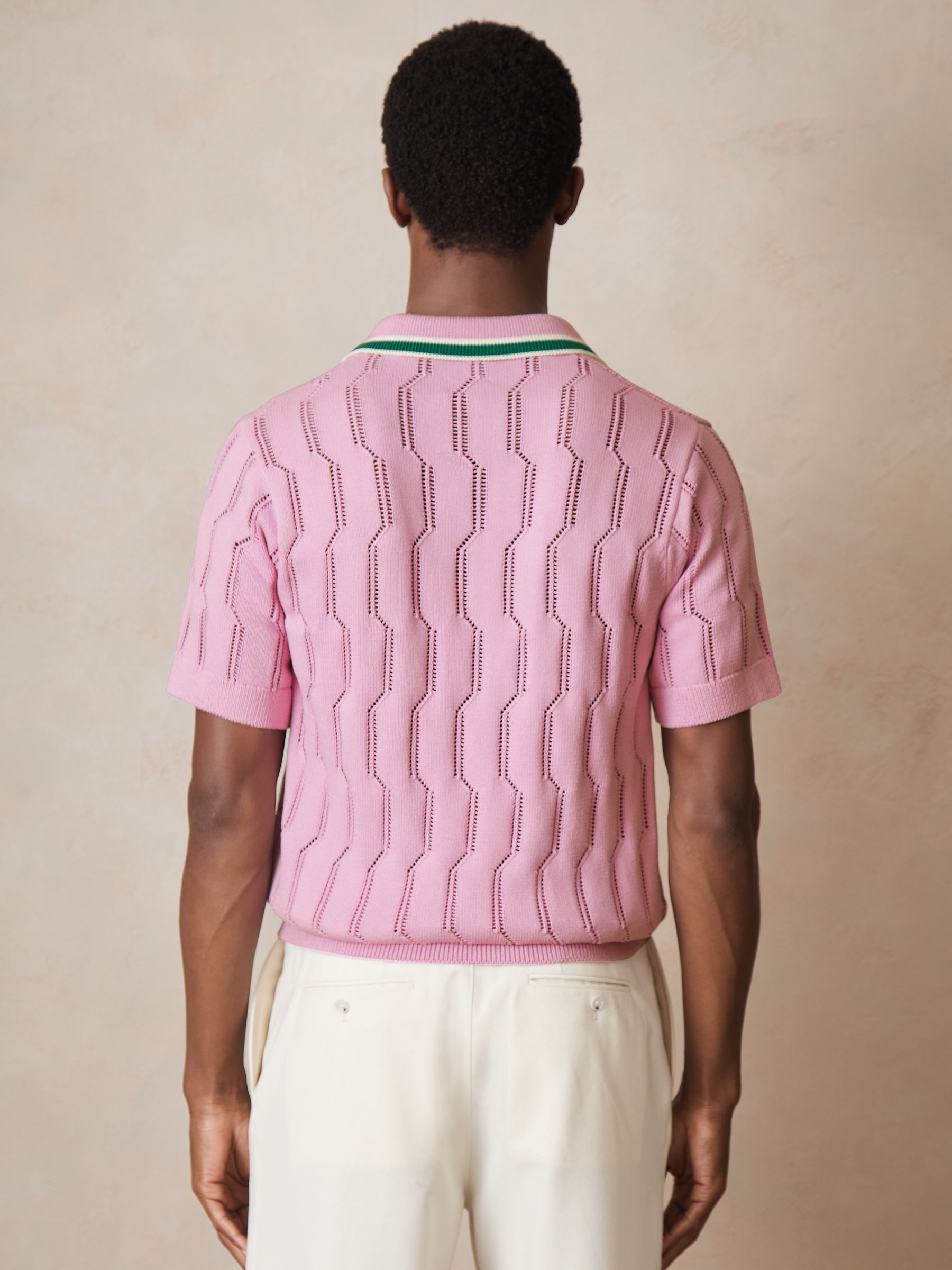 Reiss | Ché Cotton Pointelle Polo Shirt in Pink