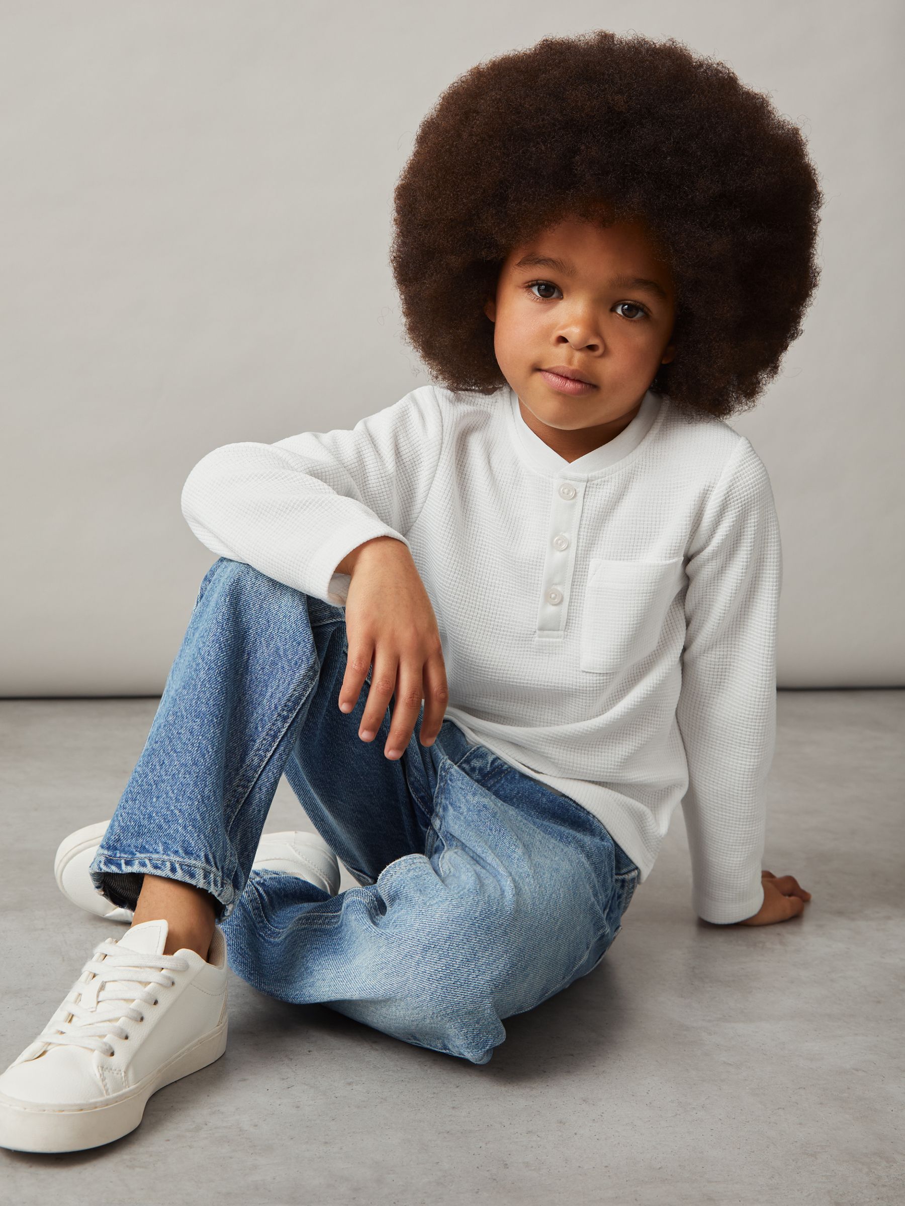 9-13 yrs Cotton-Blend Waffle Henley T-Shirt in White