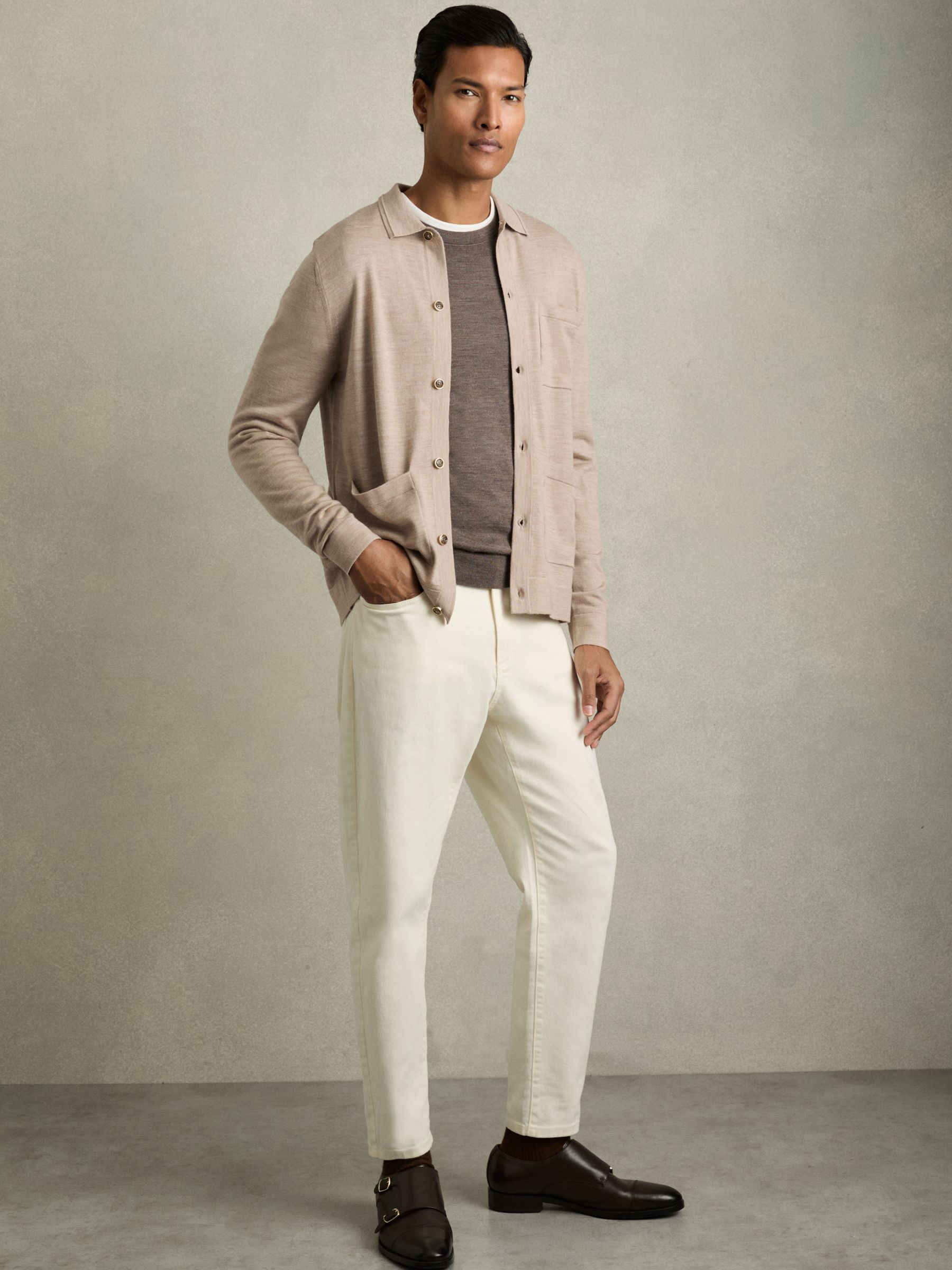 Merino Wool Button-Through Cardigan in Wheat Melange