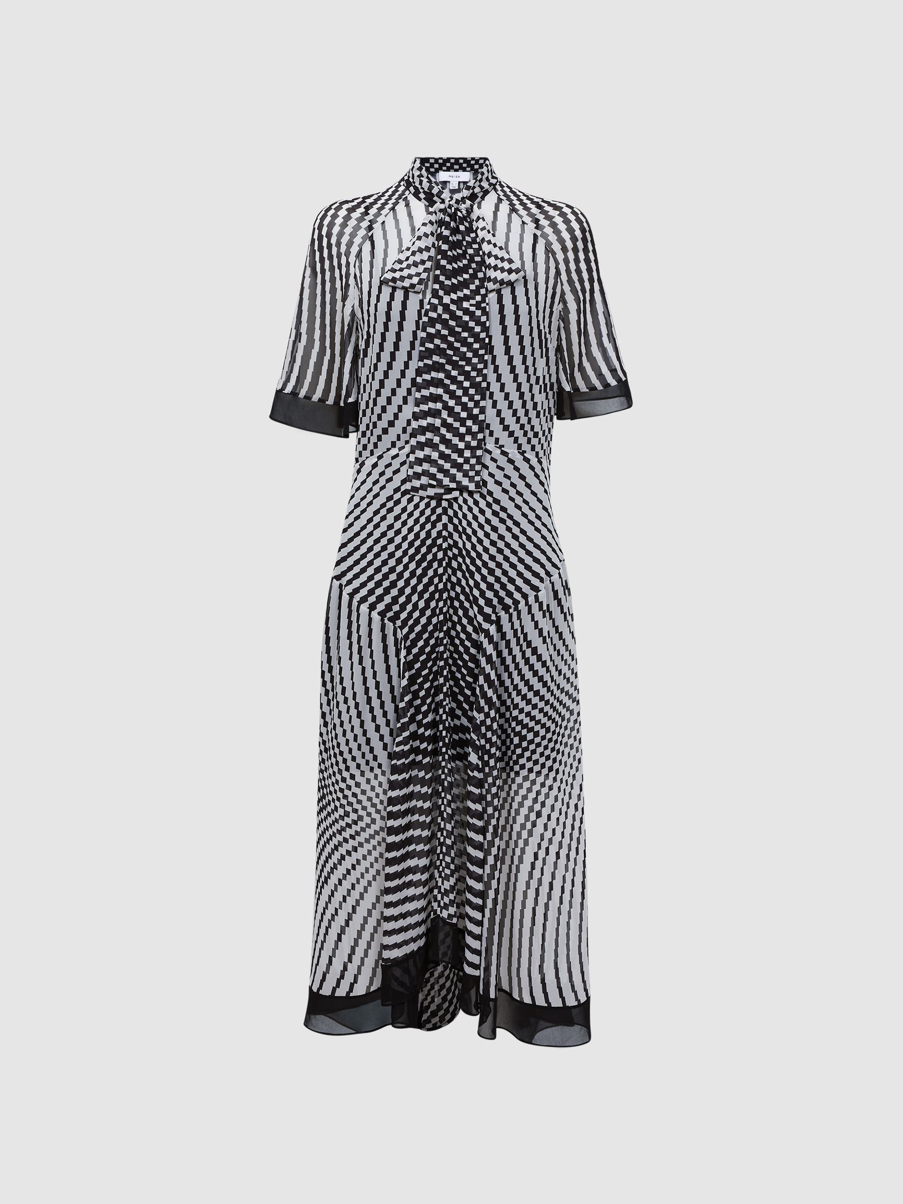 Check Removable Neck Tie Midi Dress in Black/White
