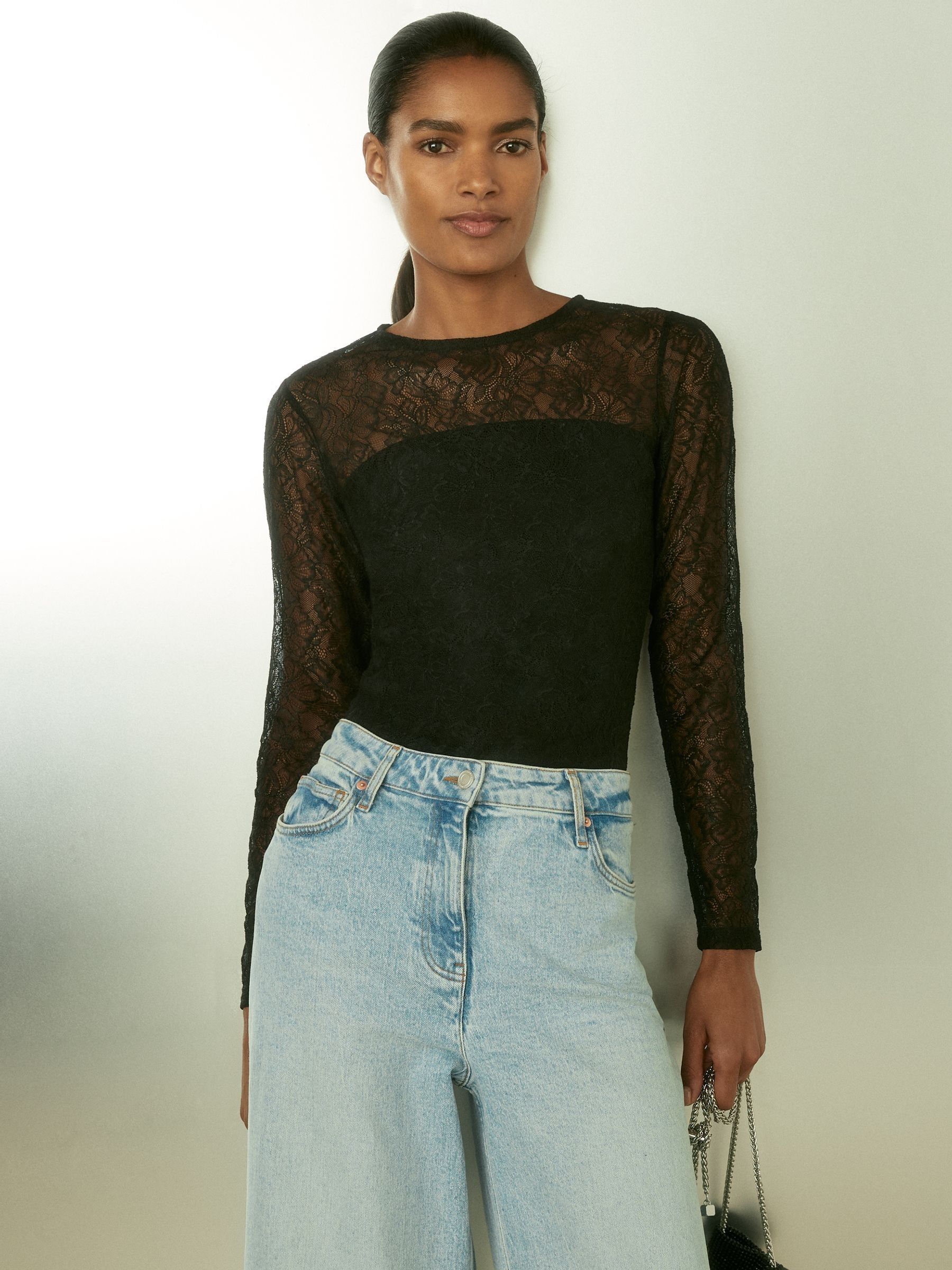 Lace Double-Layer Bodysuit in Black