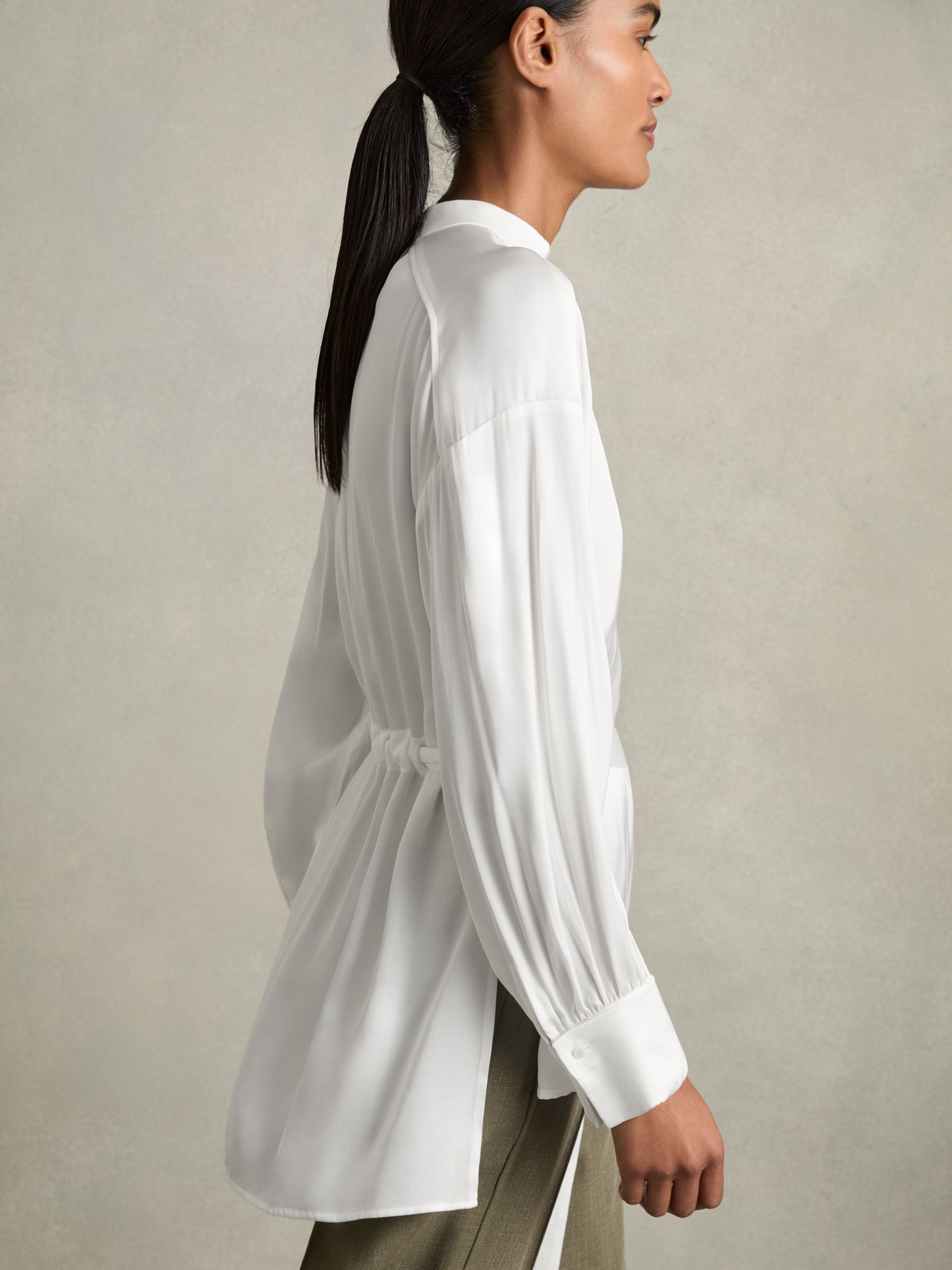 Woven High-Neck Belted Blouse in Ivory