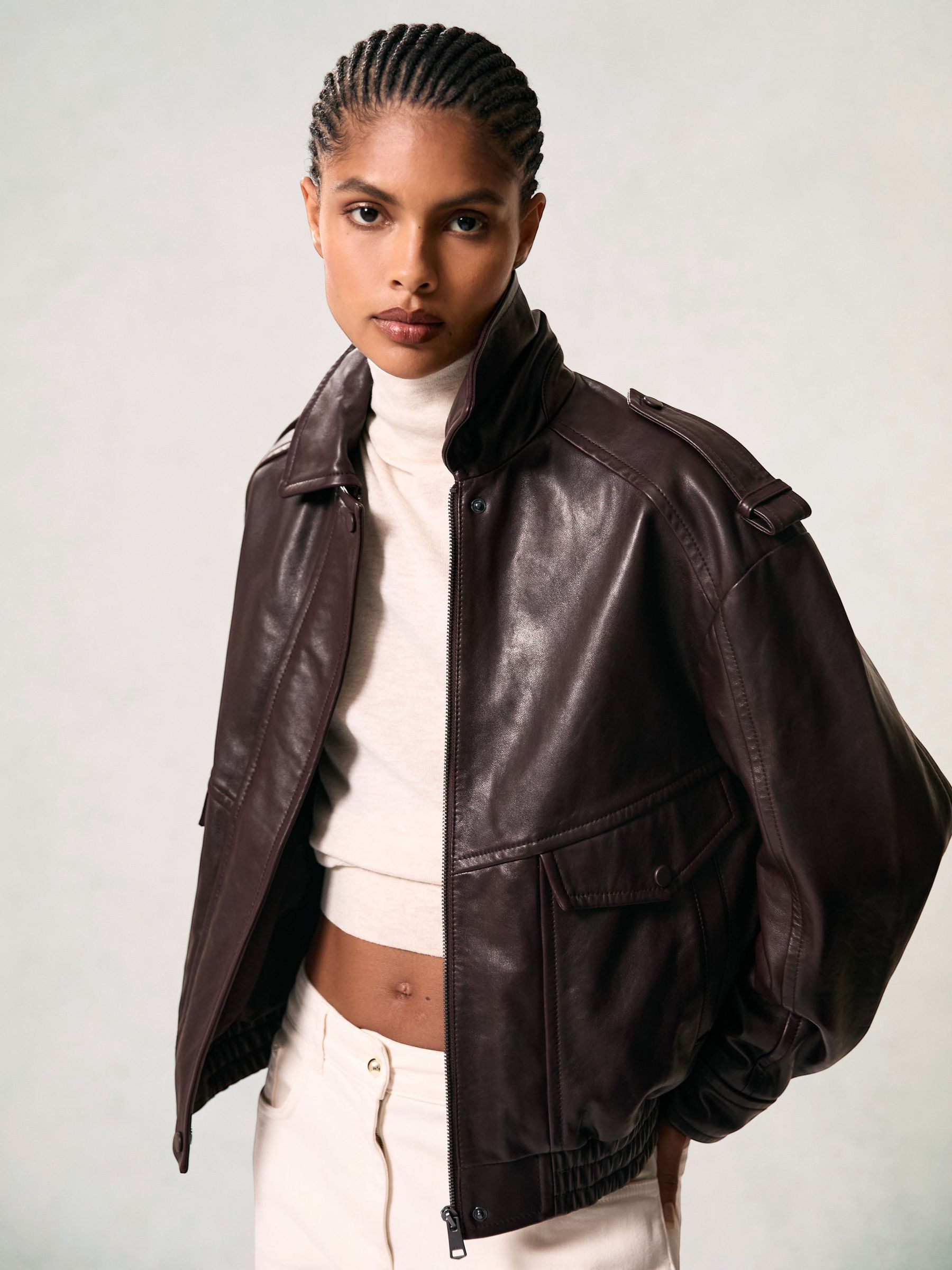 Oversized Leather Jacket in Aubergine