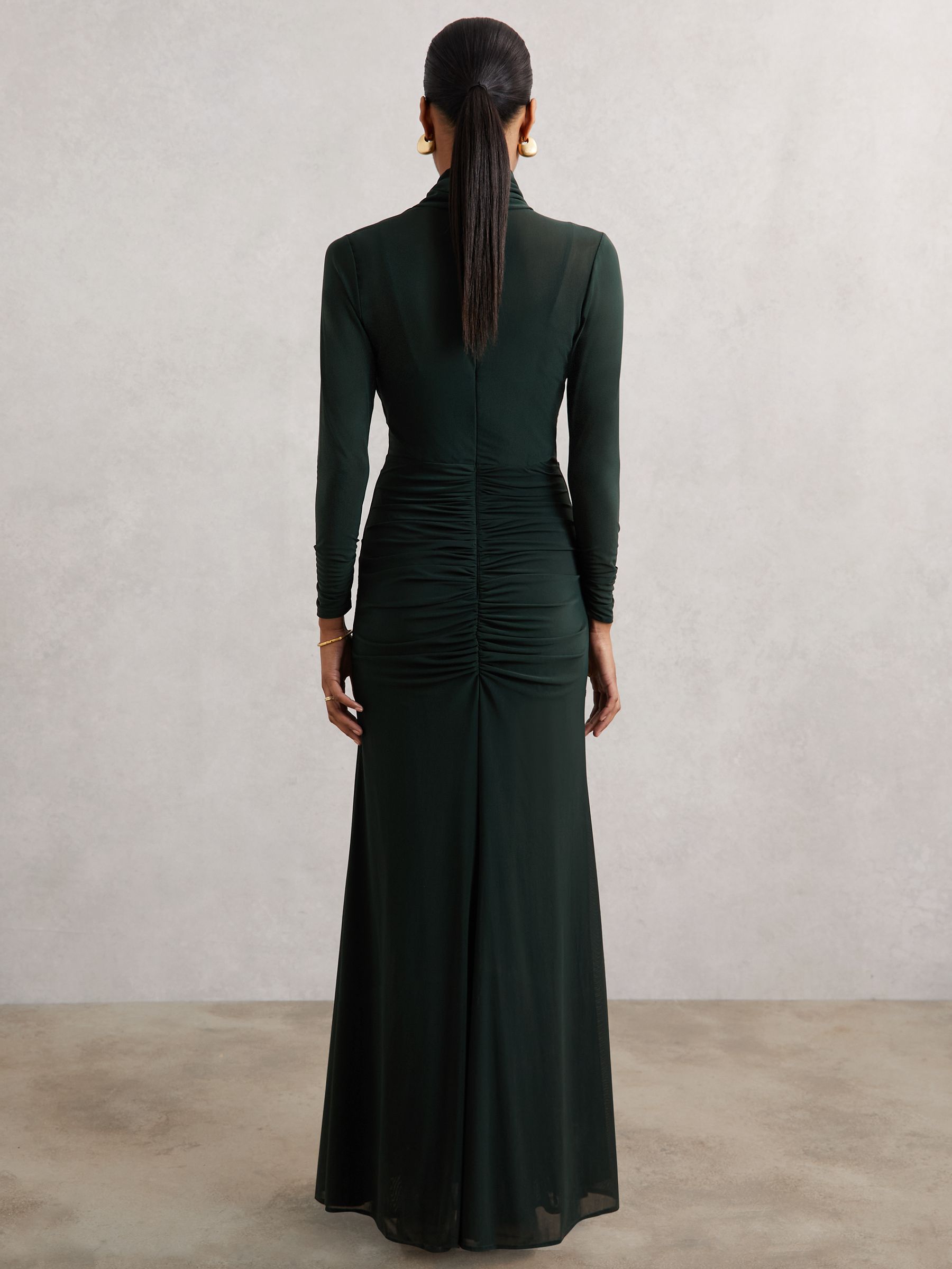 Ruched Long-Sleeve Maxi Dress in Dark Green