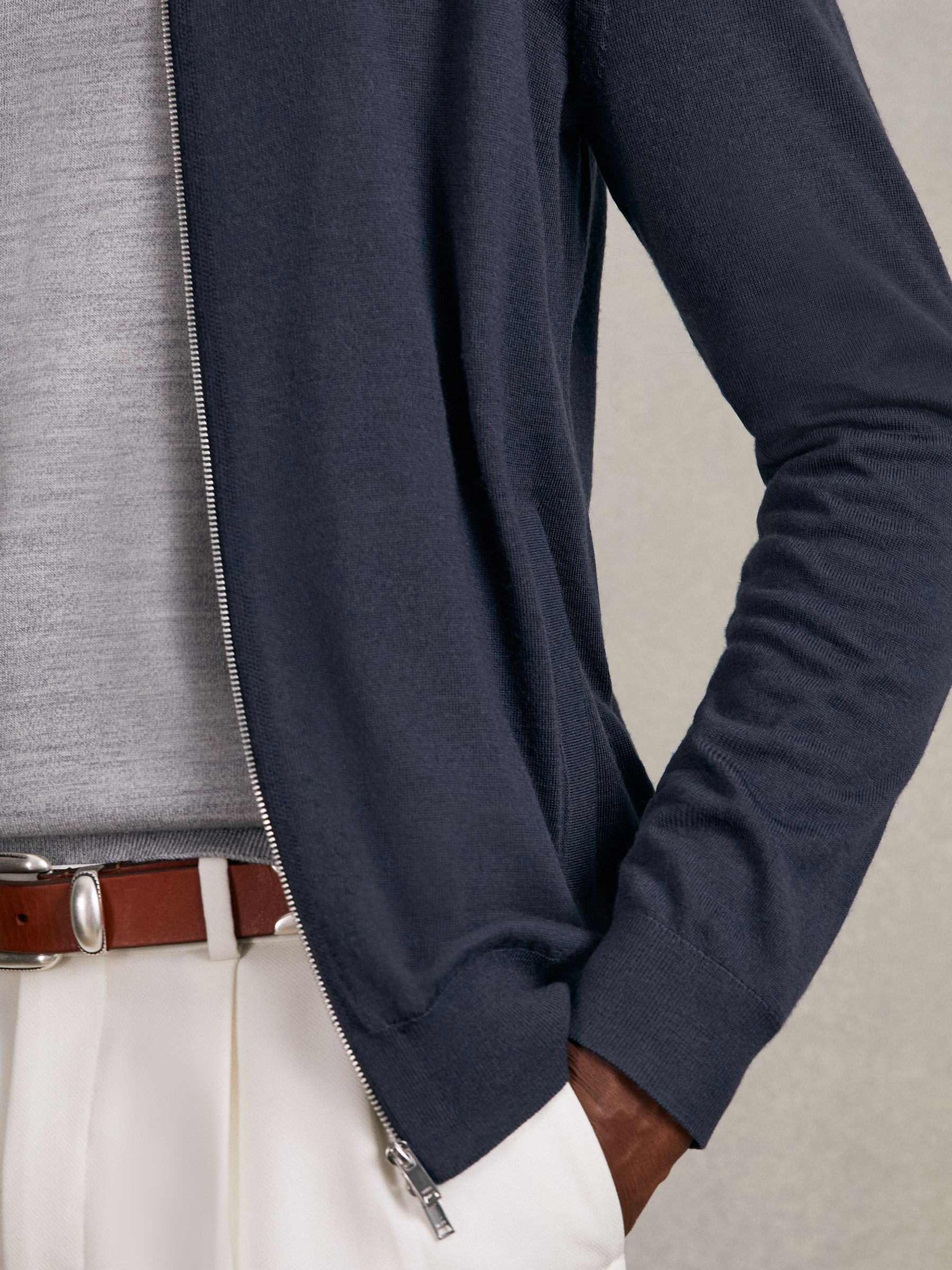 Merino Wool Zip Through Cardigan in Midnight Navy