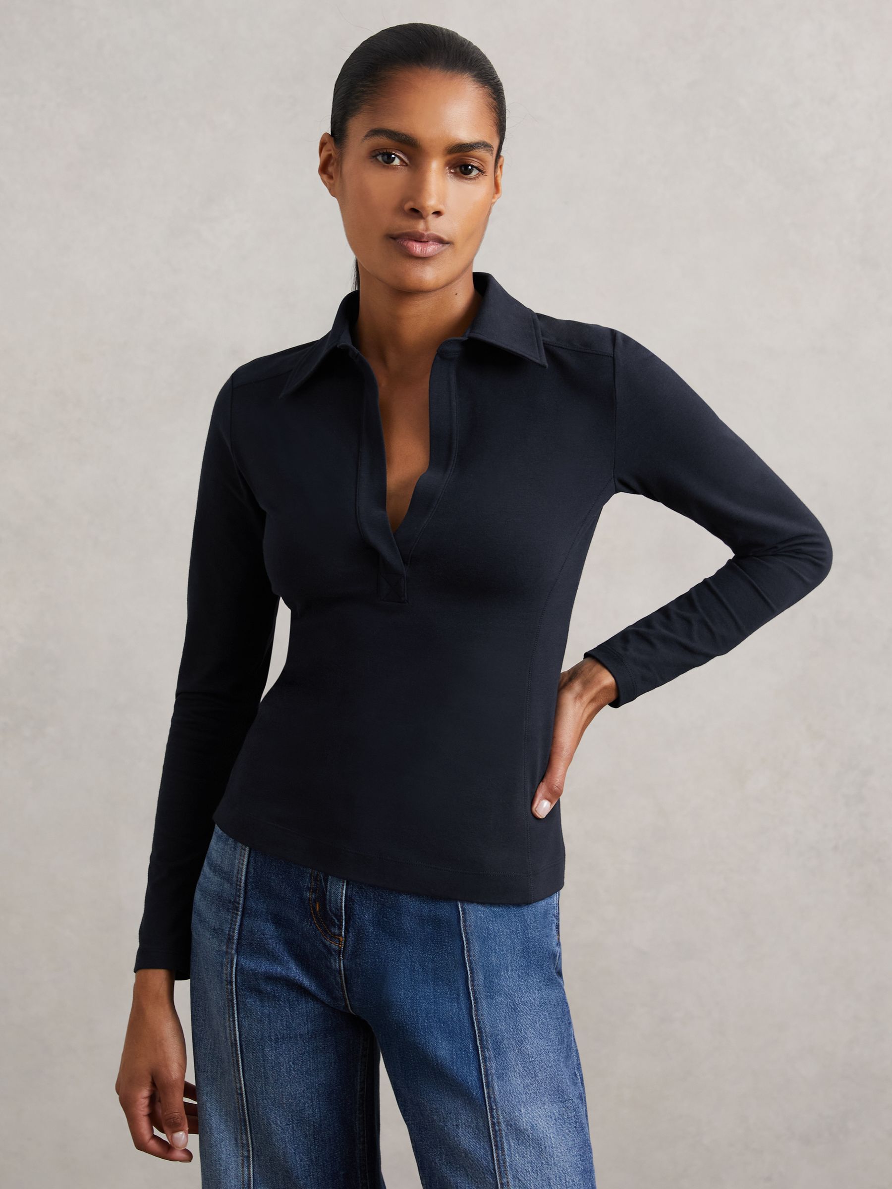 Stretch-Cotton Open-Collar Shirt in Navy