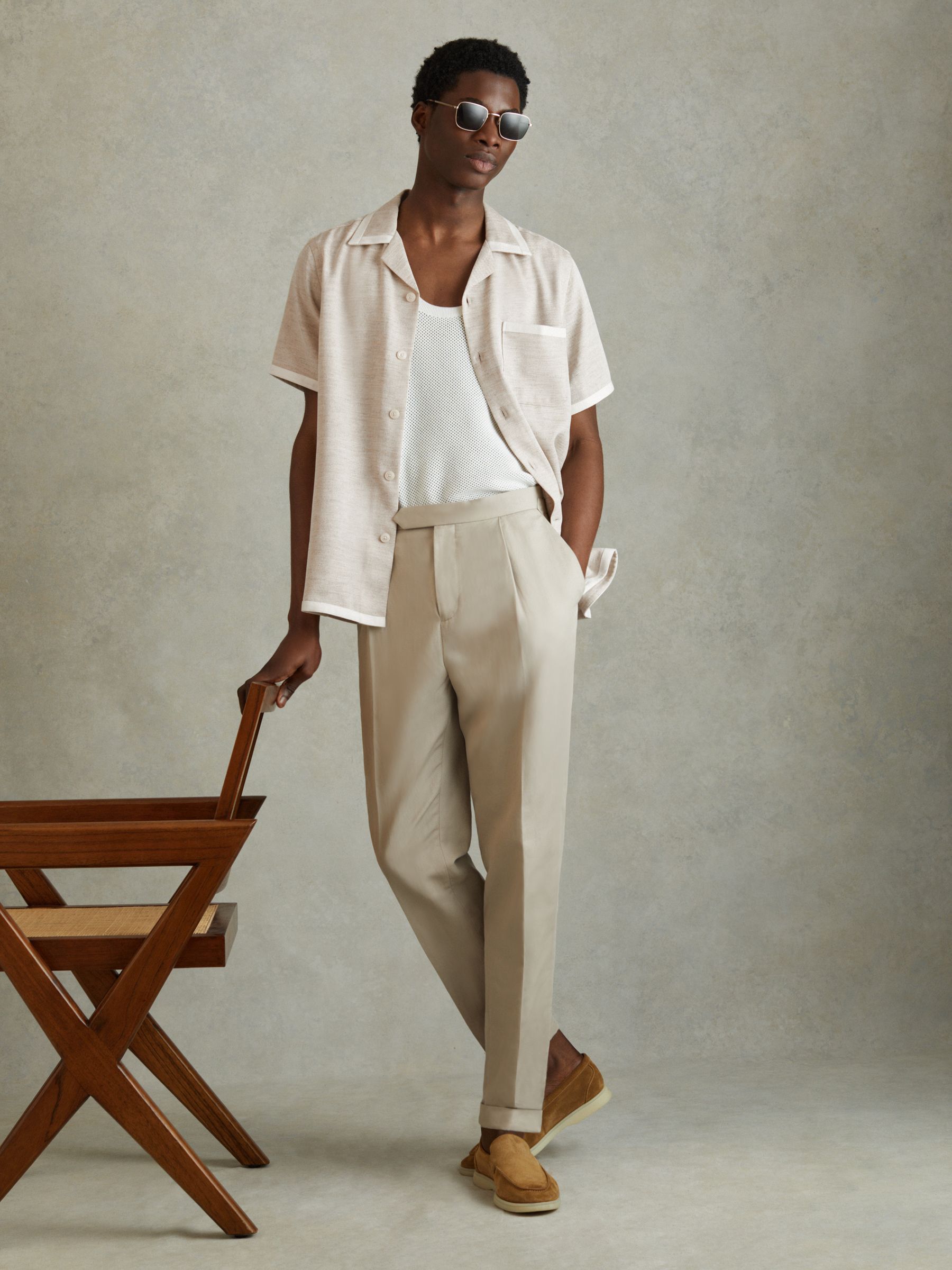 Contrast Trim Cuban Collar Shirt in Oatmeal/White