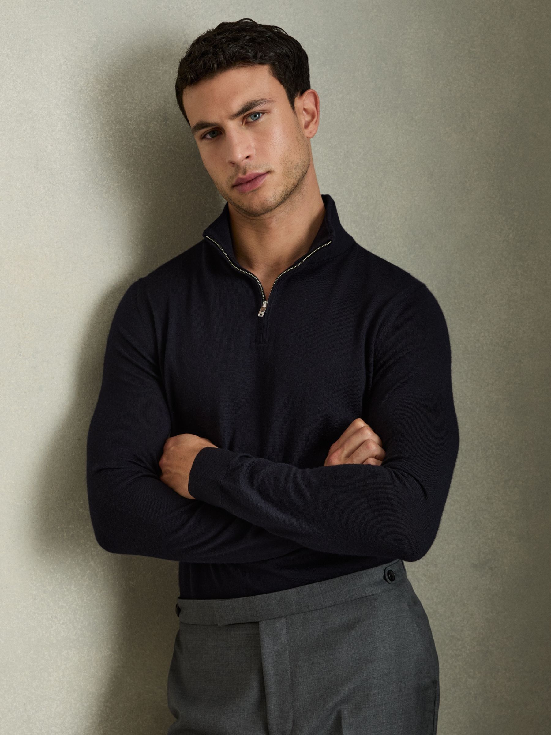 Merino Wool Half-Zip Funnel Neck Jumper in Navy