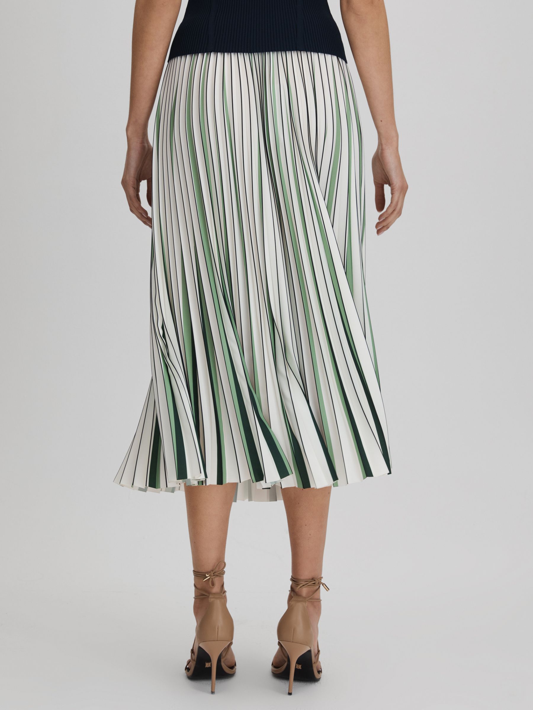 Pleated Striped Midi Skirt in Green/Cream