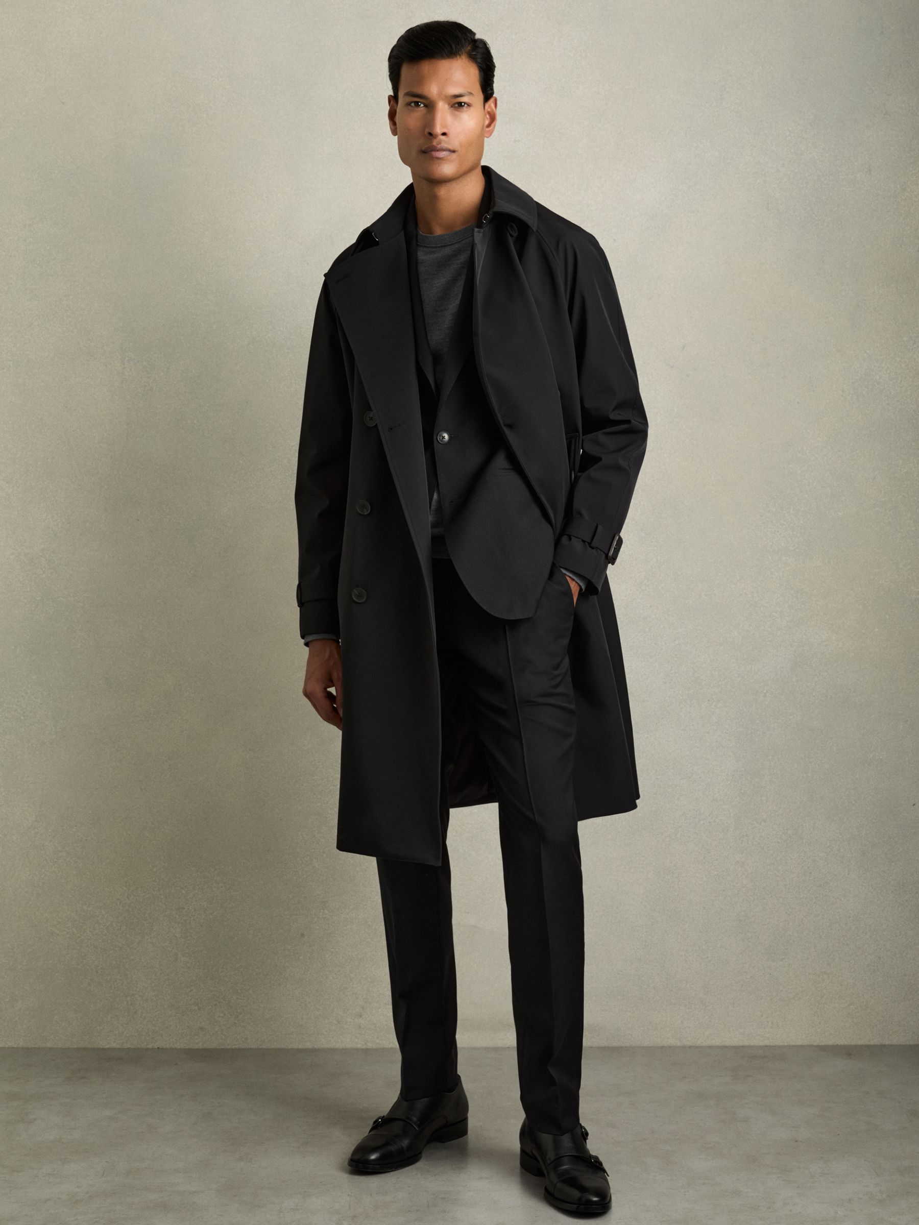 Double Breasted Long Trench Coat in Black