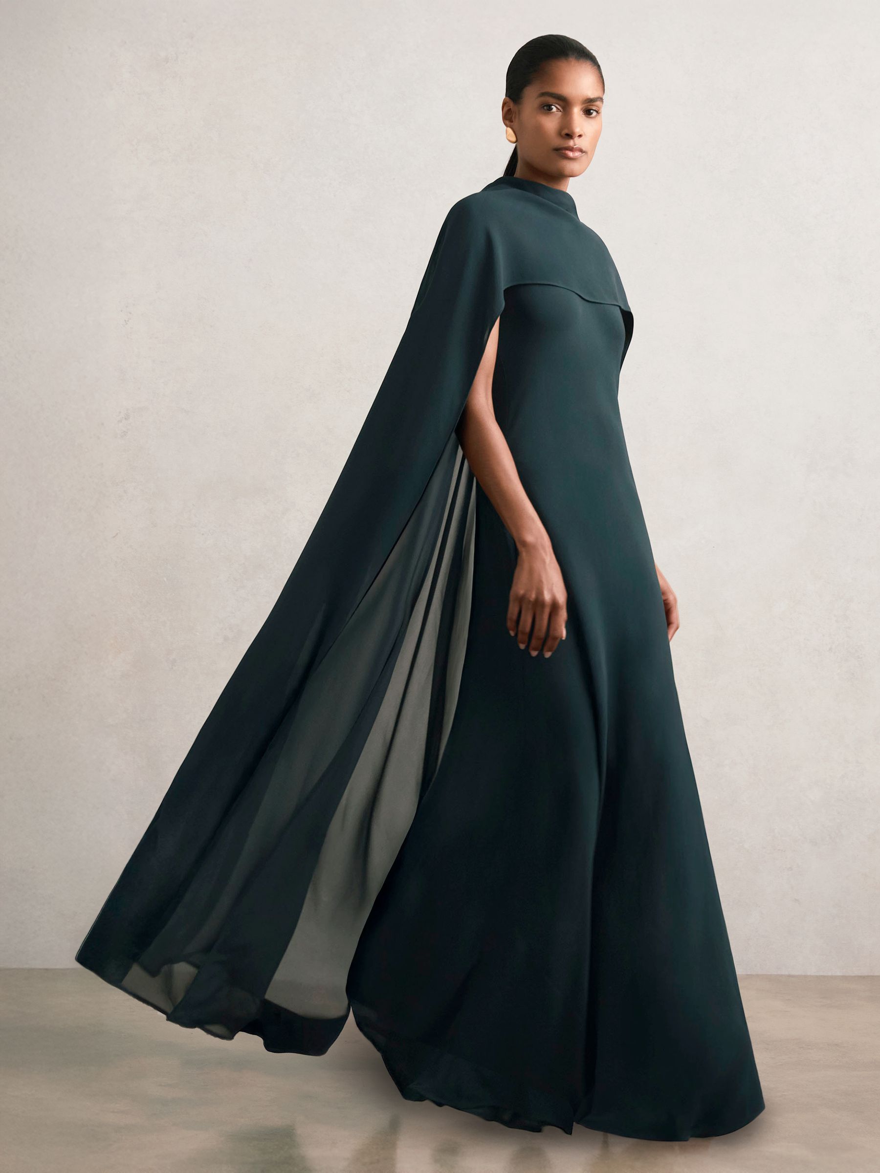 Petite Crepe Cape Maxi Dress in Teal Green