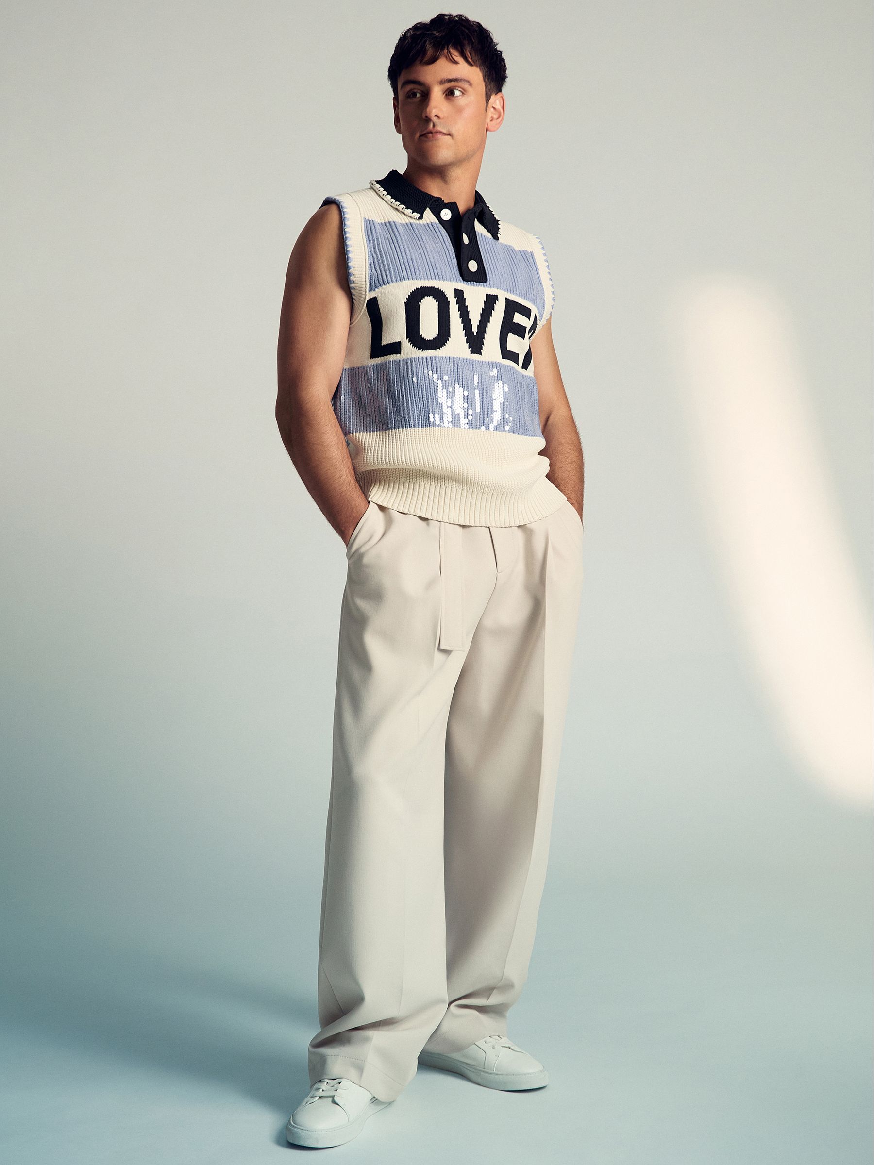 Reiss | Tom Daley Stripe Polo Vest in Soft Blue