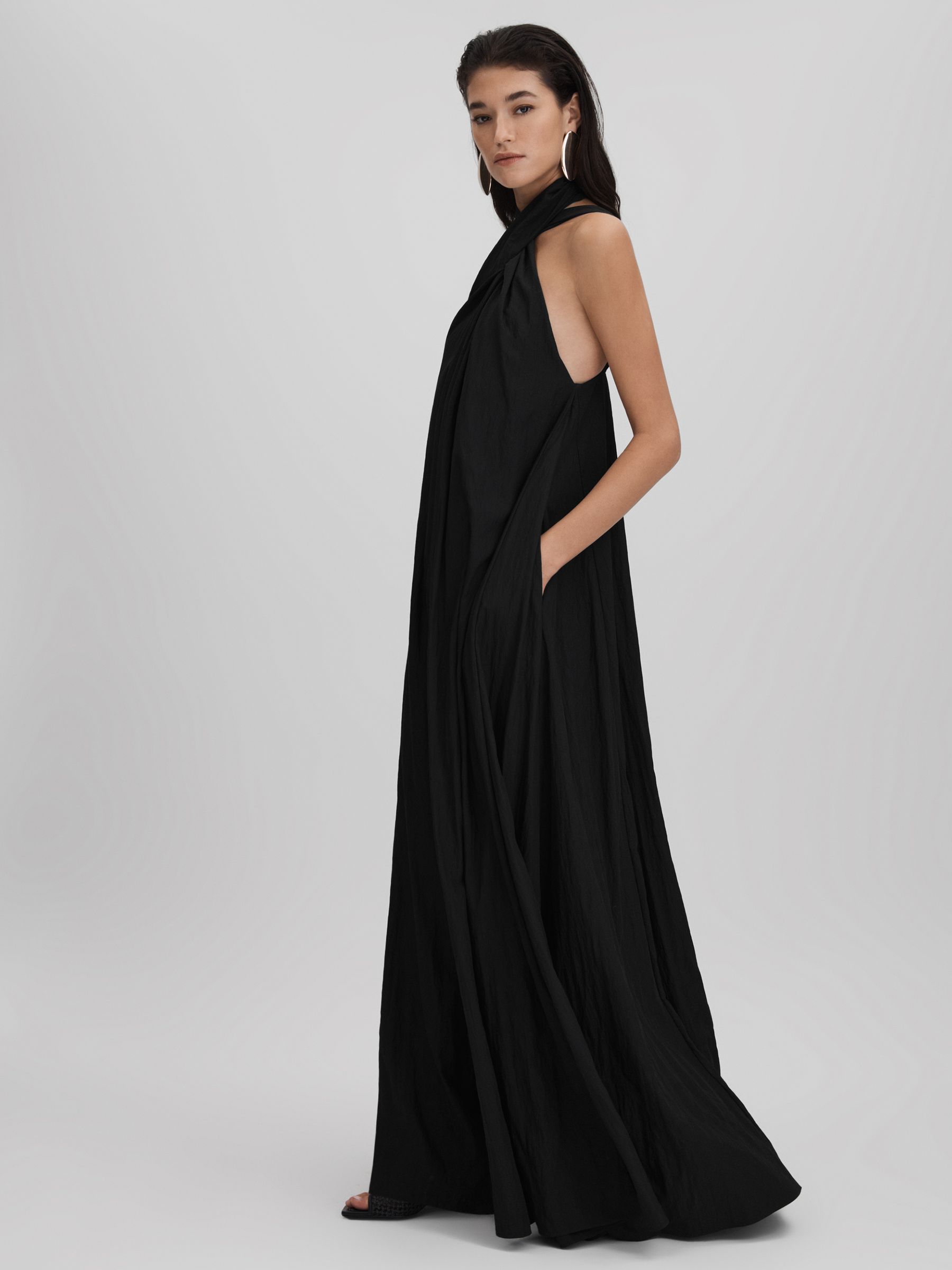 Taffeta Halter Neck Maxi Dress in Black
