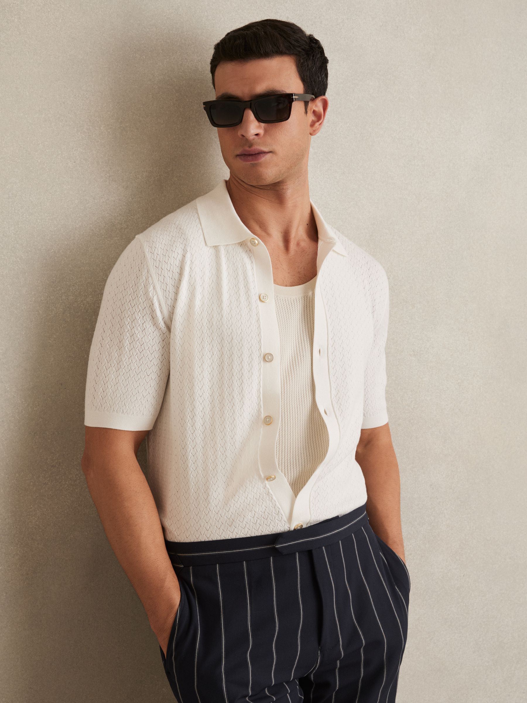 Textured Knit Button-Through Shirt in White