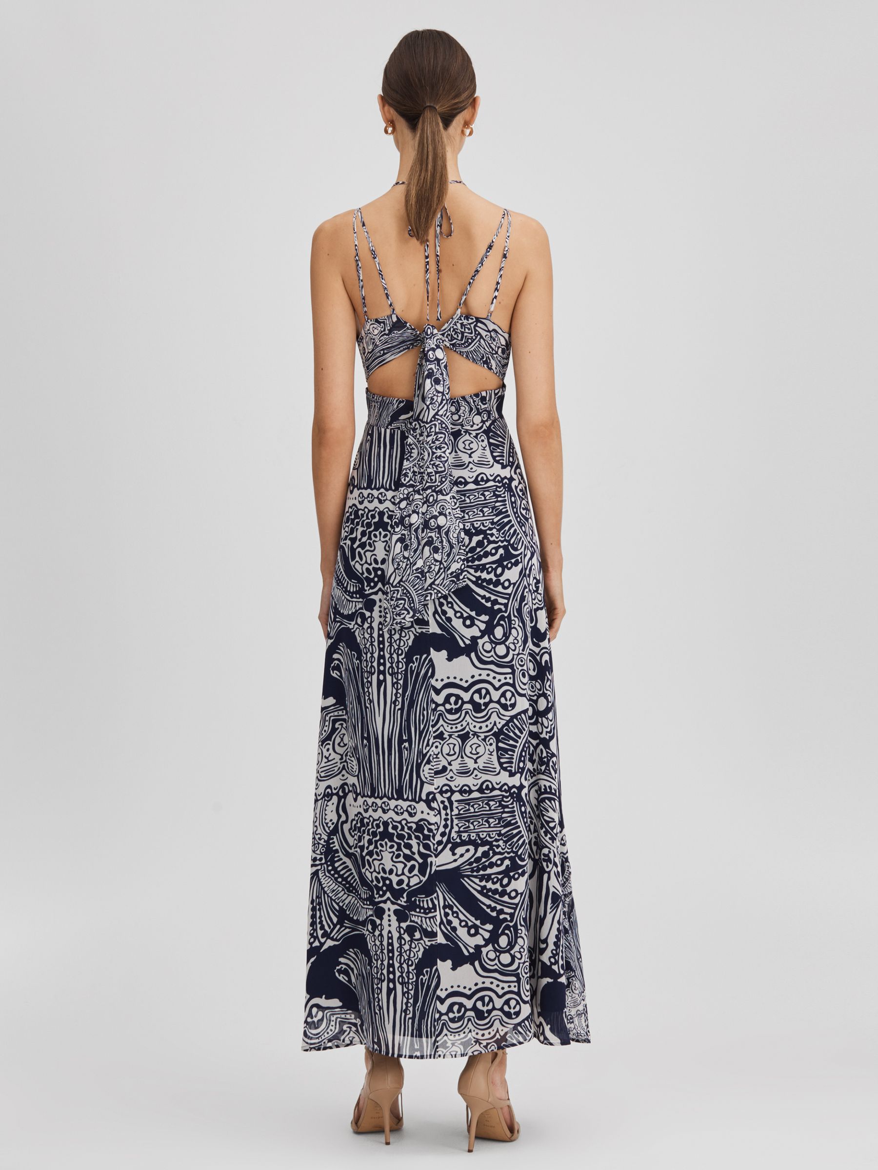 Printed Strappy Resort Midi Dress in Navy