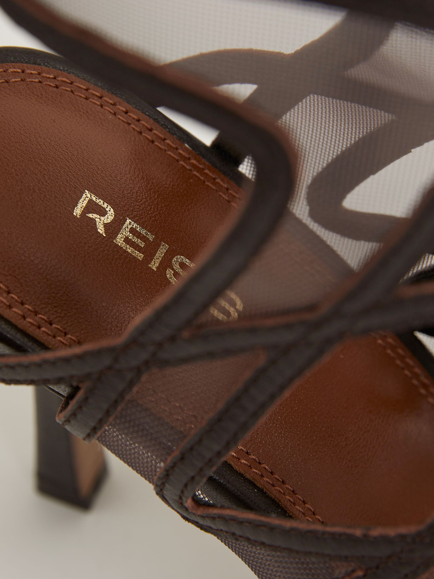 Mesh Leather Strappy Heels in Chocolate