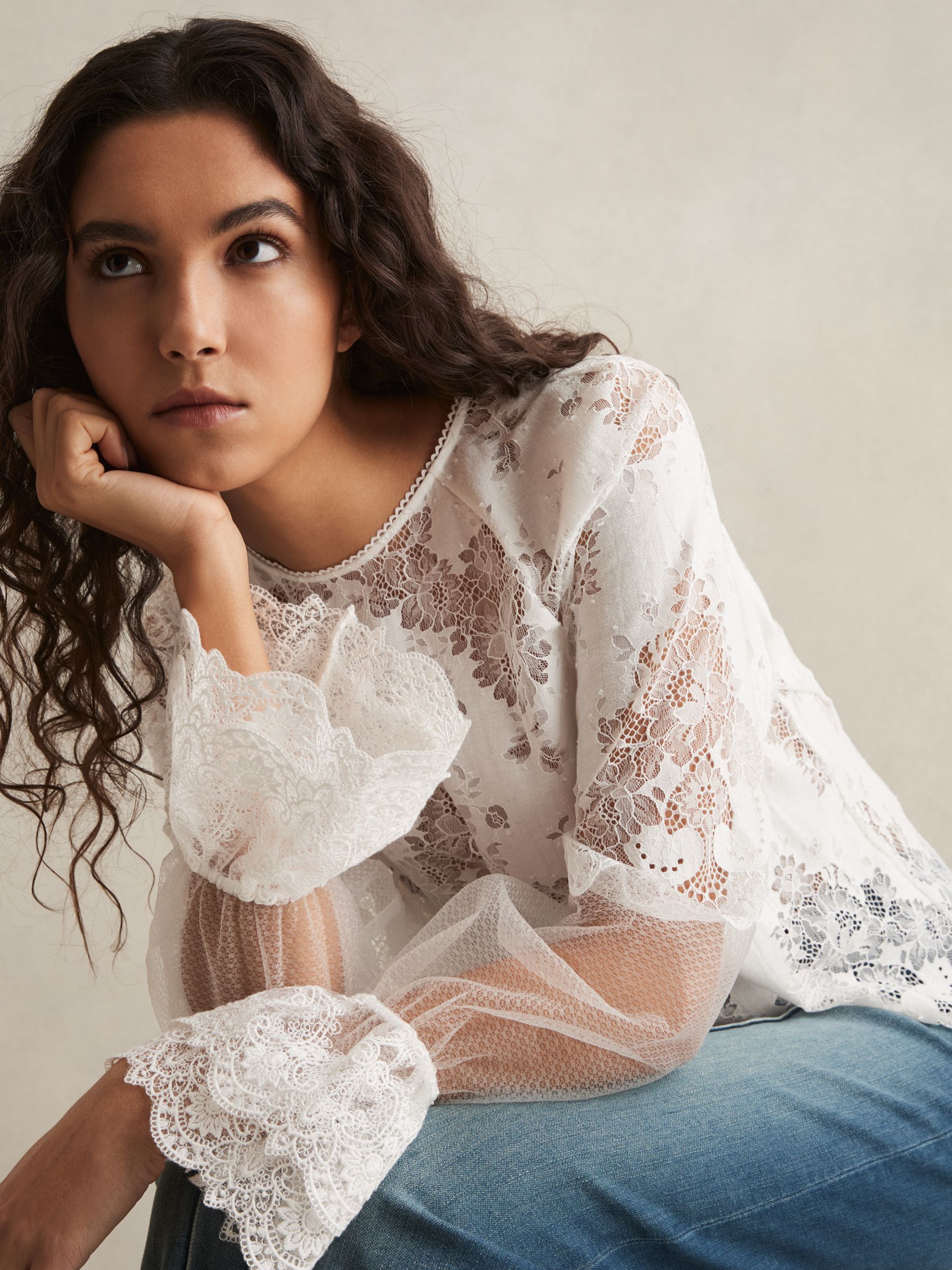 Lace Flared-Cuff Blouse in Ivory