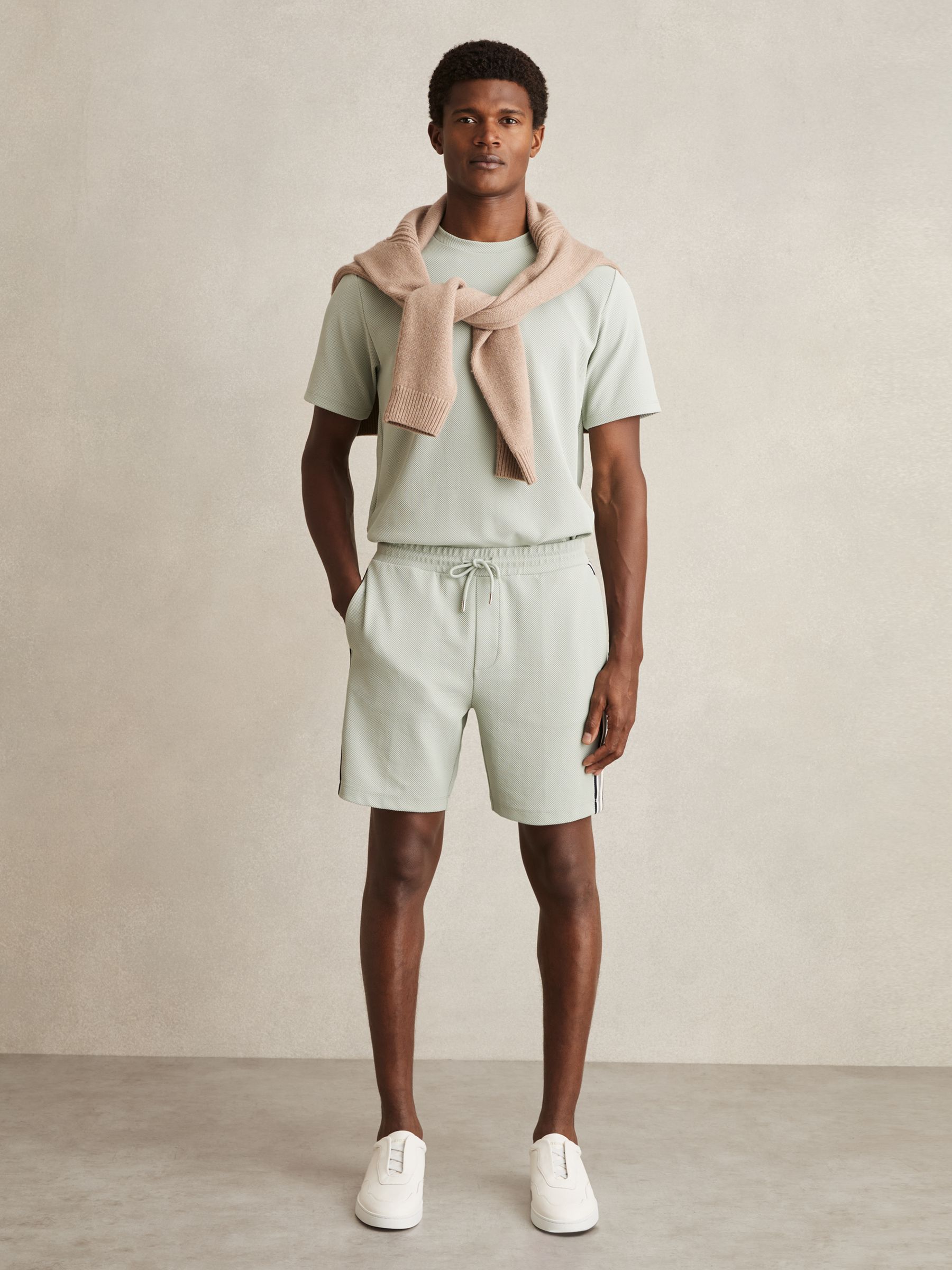 Textured Tape Drawstring Shorts in Sage Green